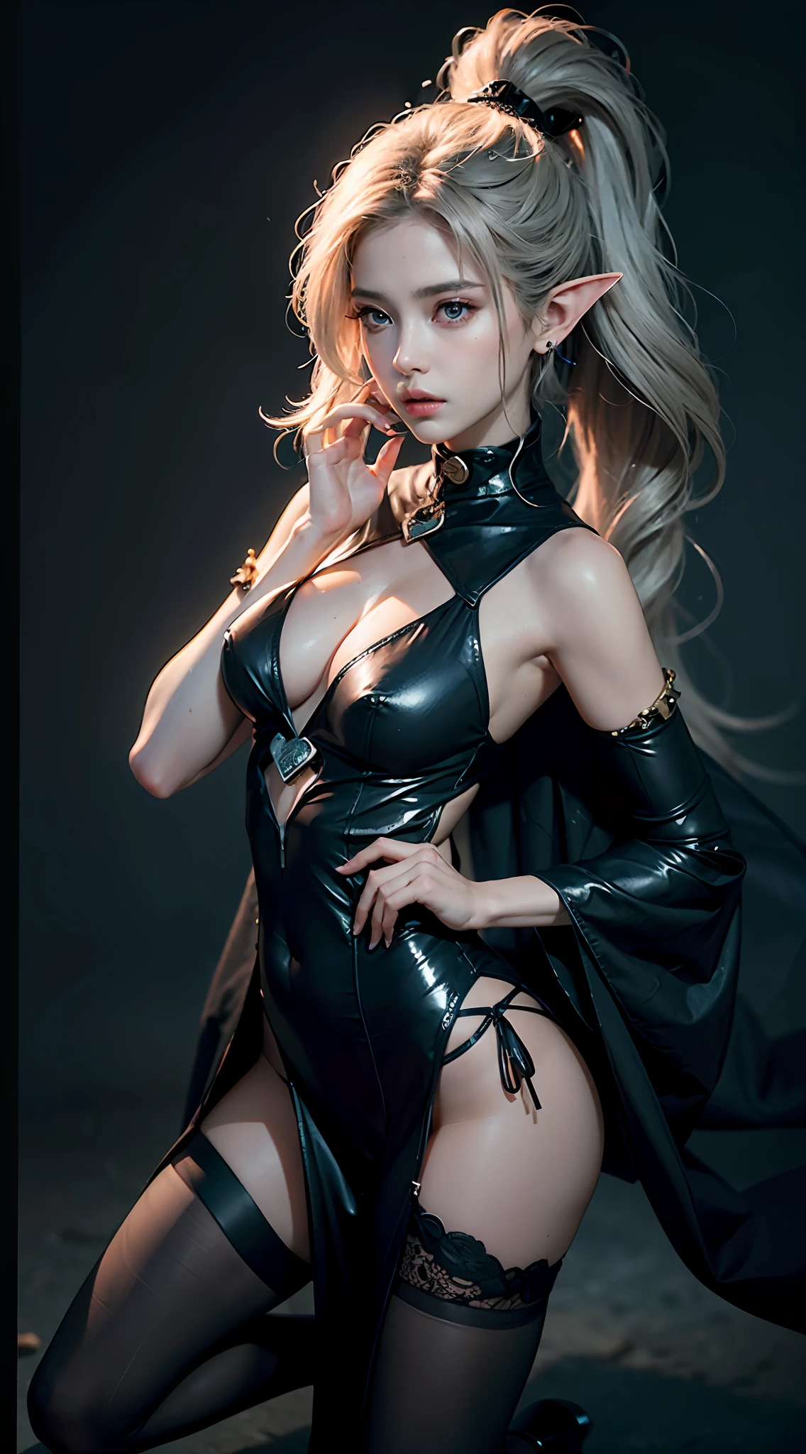 ((Best Quority)), ((A masterpiece)), (Detail:1.4), 3D, A beautiful elven fantasy beautiful girl,ear studs,((Long silver hair,Double ponytail:1.9)),(Purple long dress:1.6)(Black stockings beautiful legs,heeled sandals:1.6)(Western European medieval style,Metal Temple,:1.6),Metallic sequins,West Phantom Wind,closeup of face,Extremely normal hands,Extremely normal legs,hdr(HighDynamicRange),raytrace,NVIDIA RTX,Hyper-Resolution,illusory 5,Subsurface scattering、PBR Texture、post-processed、Anisotropy Filtering、depth of field、maximum definition and sharpness、multi-layer texture、Albedo e mapas Speculares、Surface coloring、Accurate simulation of light-material interactions、perfectly proportioned、octane render of the、Two-colored light、Large aperture、Low ISO、White balance、Rule of thirds、8K raw data