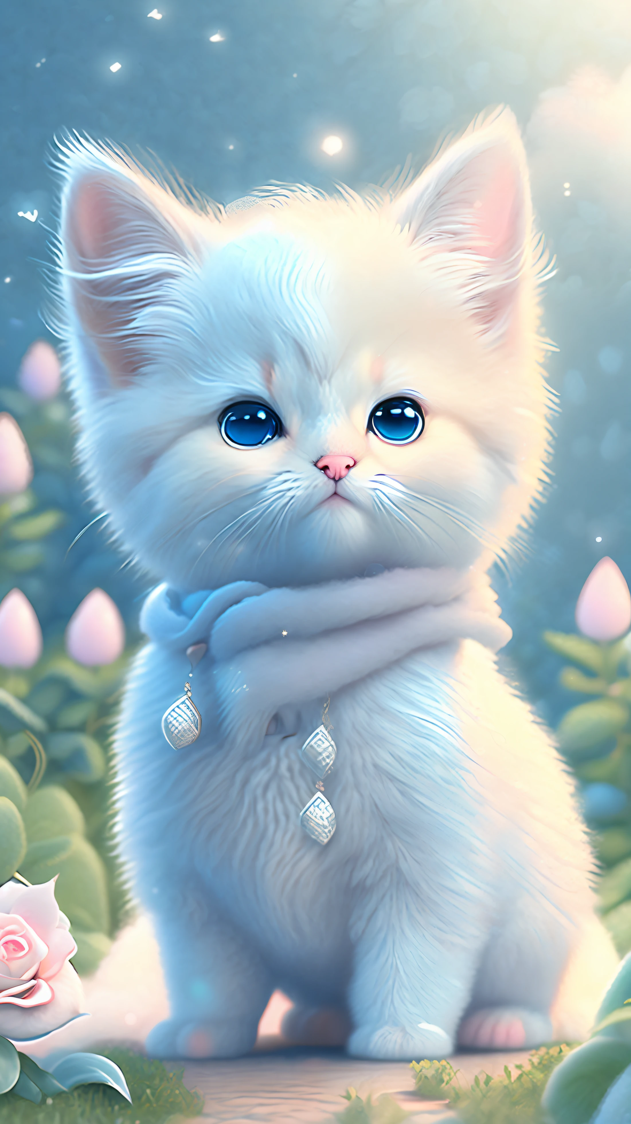 In this ultra-detailed CG art, cute kittens surrounded by ethereal roses, laughter, best quality, high resolution, intricate details, fantasy, cute animals, open mouths, laugh!!