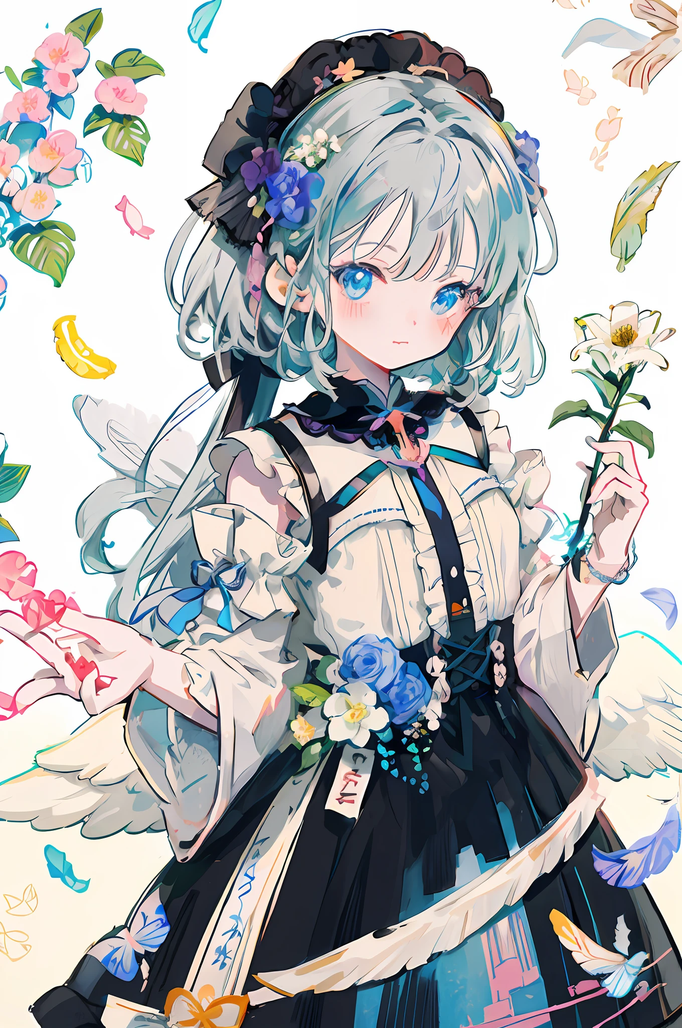 Holding a flower in hand、Anime girl with butterfly in hand, Digital art at Pixiv, pixiv style, high detailed official artwork, official artwork, Lori, pixiv, splash art anime loli, Pixiv Contest Winner, Anime Illustration, Trending in ArtStation pixiv, cute art style, digital anime illustration, anime style 4 k