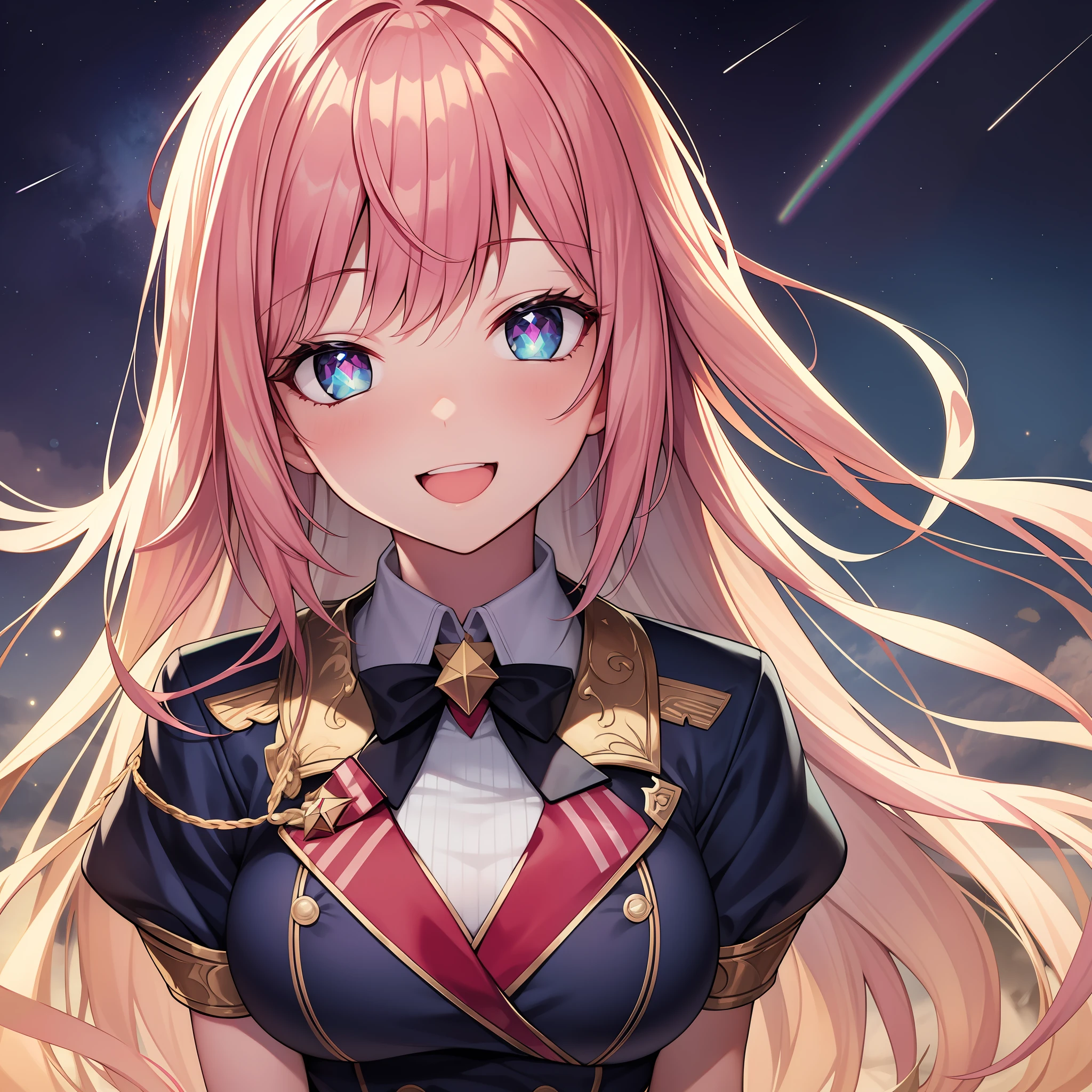chest out, absurdres, superfine illustration,rainboweffect, highres, ultra detailed,light diffusion,highly detailed light reflection, kaleidoscope, harmonious, best shadow, highly detailed very beautiful big smile face, ;D, beautiful growing crystal diamond star pupil,look at viewer, beautiful detailed hair, solo, dynamic pose, beautiful detailed pink and black ribon, beautiful detailed High school uniform, Fantastic and the whole shines and shooting star and the wind is strong in detail background