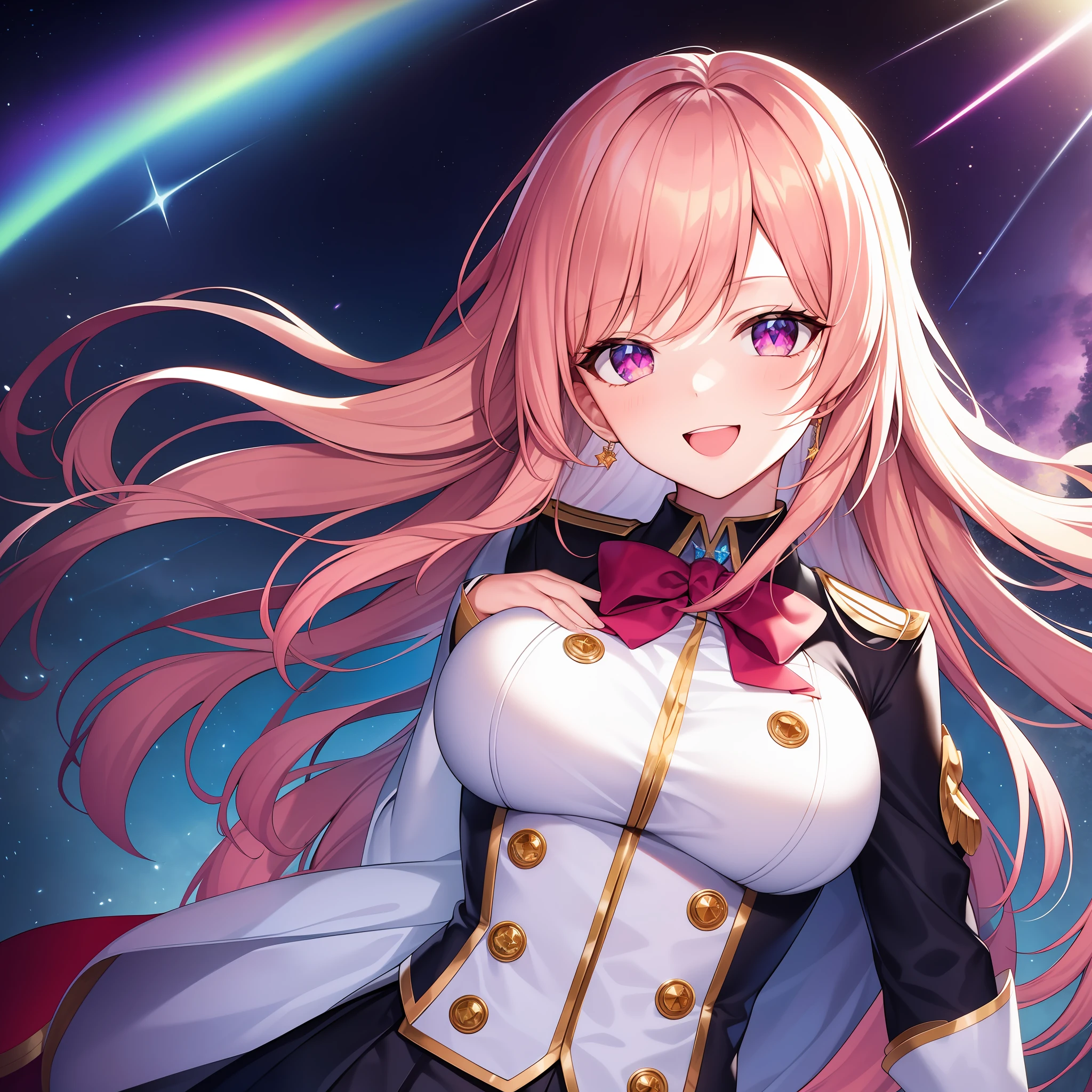 chest out, absurdres, superfine illustration,rainboweffect, highres, ultra detailed,light diffusion,highly detailed light reflection, kaleidoscope, harmonious, best shadow, highly detailed very beautiful big smile face, ;D, beautiful growing crystal diamond star pupil,look at viewer, beautiful detailed hair, solo, dynamic pose, beautiful detailed pink and black ribon, beautiful detailed High school uniform, Fantastic and the whole shines and shooting star and the wind is strong in detail background