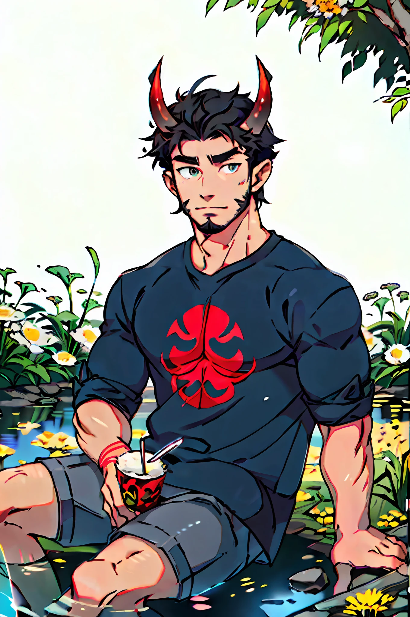 Best quality, masterpiece, expressionless, ultra high res, detailed background, realistic, 1man, solo, male, normal body ratio, 25-year-old male, short black hair, white bangs, very short stubble facial hair, soft smile, small red devil horns, long black fluffy tail, casual clothes, anime fan aesthetic, sitting, water, dandelion field, real shadow and light, depth of field. Correct body anatomy. Slightly muscular. Blue-grey pupils.