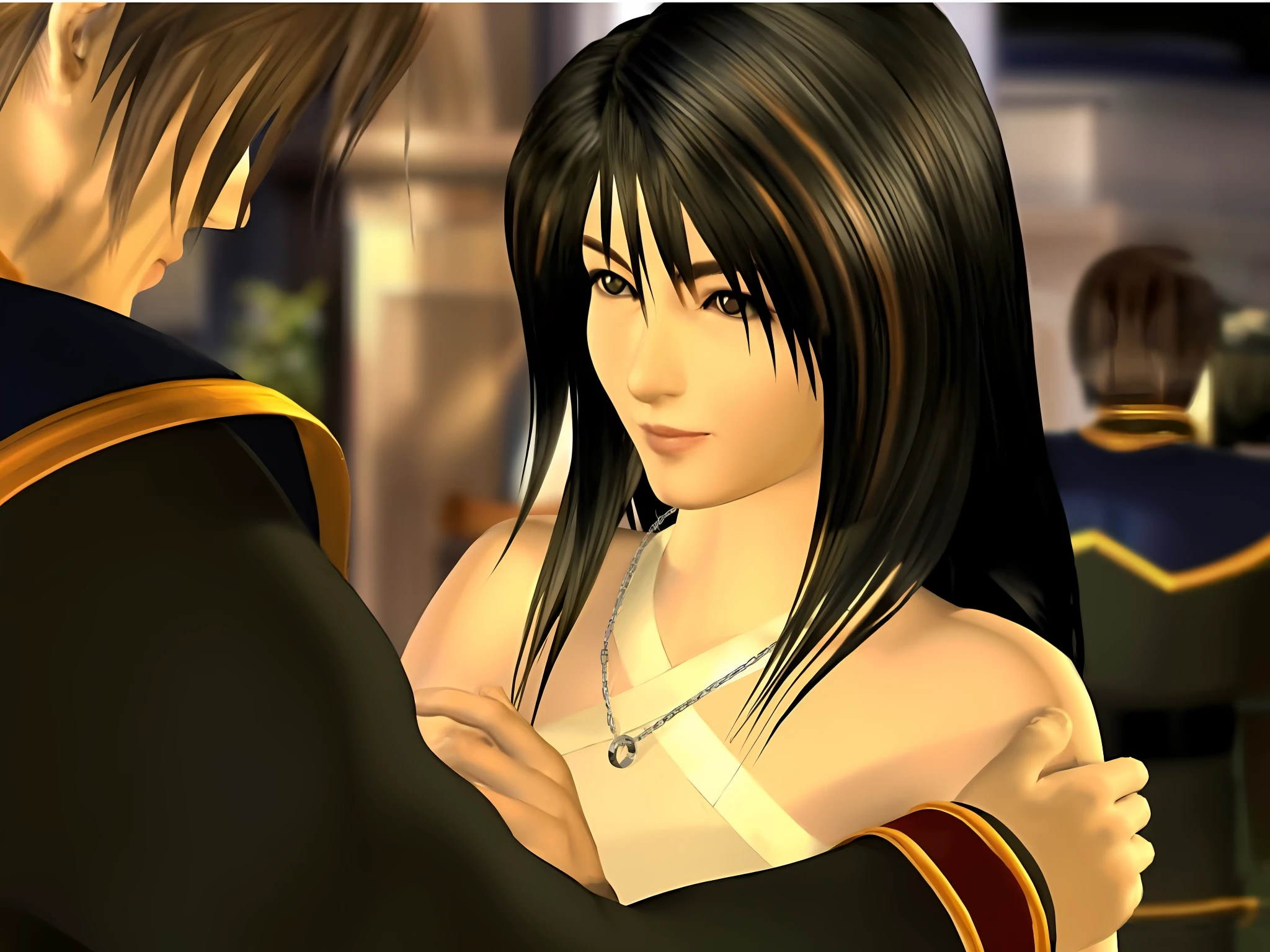 a close up of a person hugging another person in a room, Glamour Tifa Lockheart, Tifa, Tifa Lockheart, Portrait de Tifa Lockhart, Tifa Lockhart, Final Fantasy X, seductive tifa lockhart portrait, Tifa Lockhart aux cheveux blancs, Portrait de Tifa Lockhart, De Kingdom Hearts, Style Jeu Square Enix, de Final Fantasy, ps 2 screenshot
