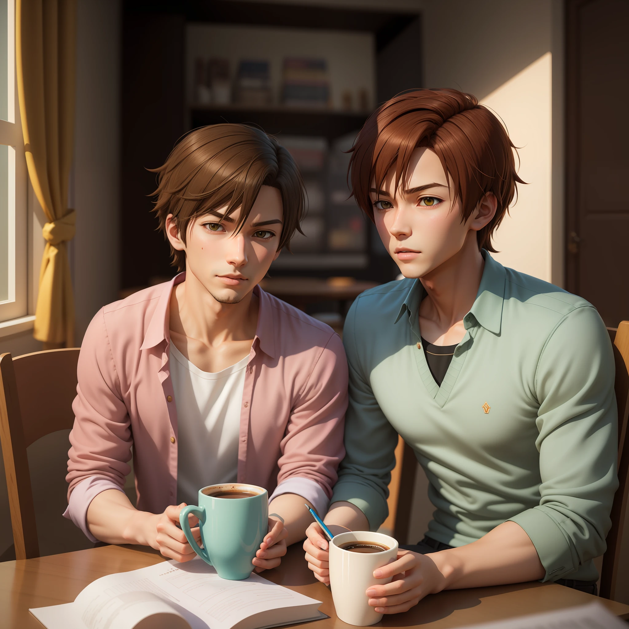 they are sitting at a table with a book and a cup of coffee, Father and son, college student, Gamine, Dandy father, realistic anime 3 d style, 3 d anime realistic, photorealistic anime, Hyper realistic anime, Anime. Soft lighting, Anime Realism Style, realistic anime, anime realism, medium shot of two characters, Realistic anime art style, anime styled 3d, ross tran and makoto shinkai