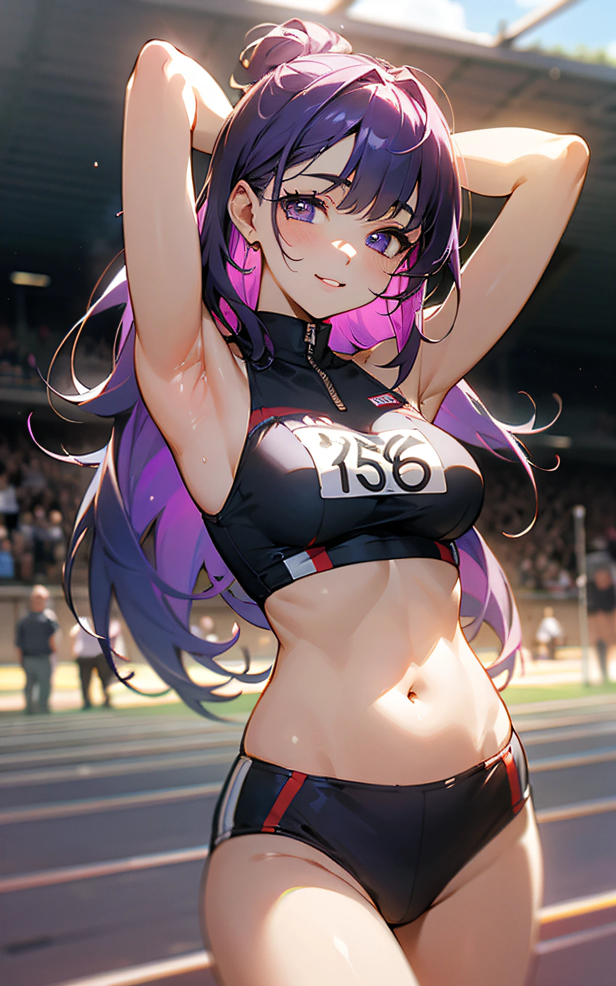 (Original Character、Unity 16K Wallpaper, Masterpiece, Best Quality, Ultra-Detailed, Extremely Detailed CG, Caustics, Cinematic Lighting, Detailed, Beautiful Detailed Eyes, solo), Ultra High Resolution, fine skin, (track and field:1.2) 、(strong light)、oily skin,smile , from front:1.exy women)、Arena、full body shot、separate、racing bloomers、show off belly,show off neck,sunny day、cowboy shot,purple hair、show armpit