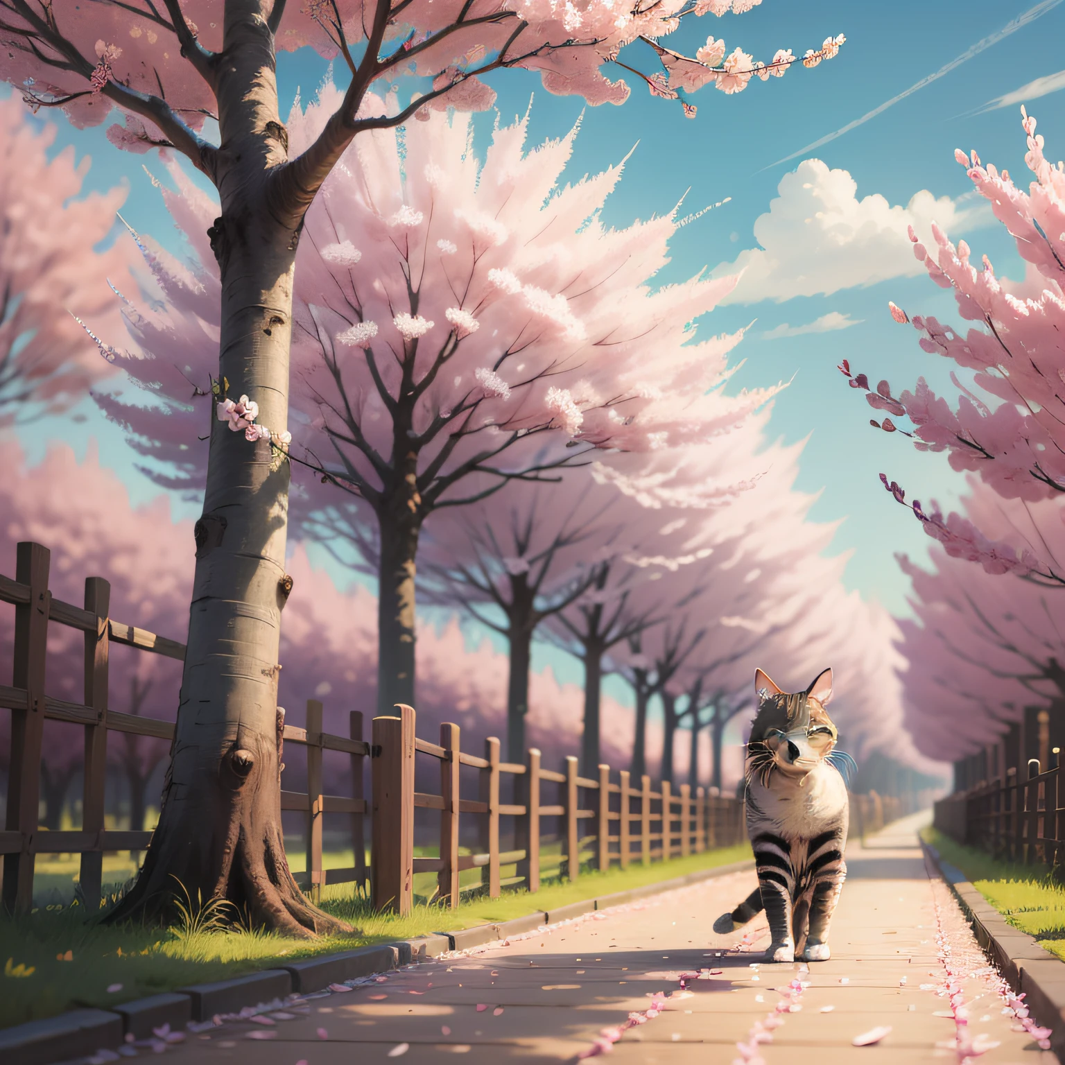 Illustration of a cat standing in the middle of a row of cherry blossom trees