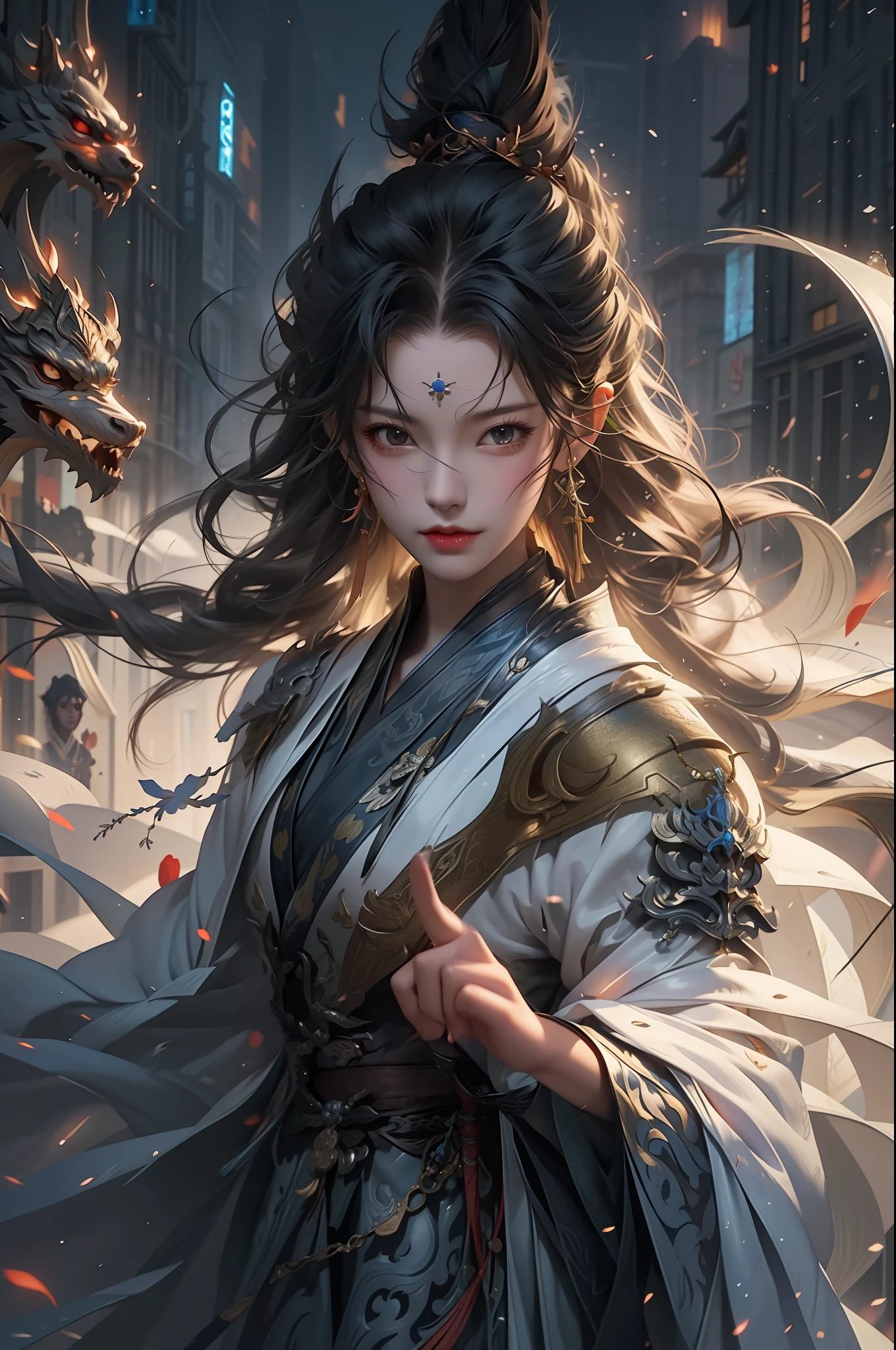 a close up of a woman with a sword in a city, by Yang J, Beautiful character painting, Beautiful digital artwork, author:Wang Lei, the dragon girl portrait, alice x. zhang, 8K stunning artwork, Fantasy art style, By Li Song, style of anime4 K, digital fantasy art ), chengwei pan on artstation, author:Fan Qi