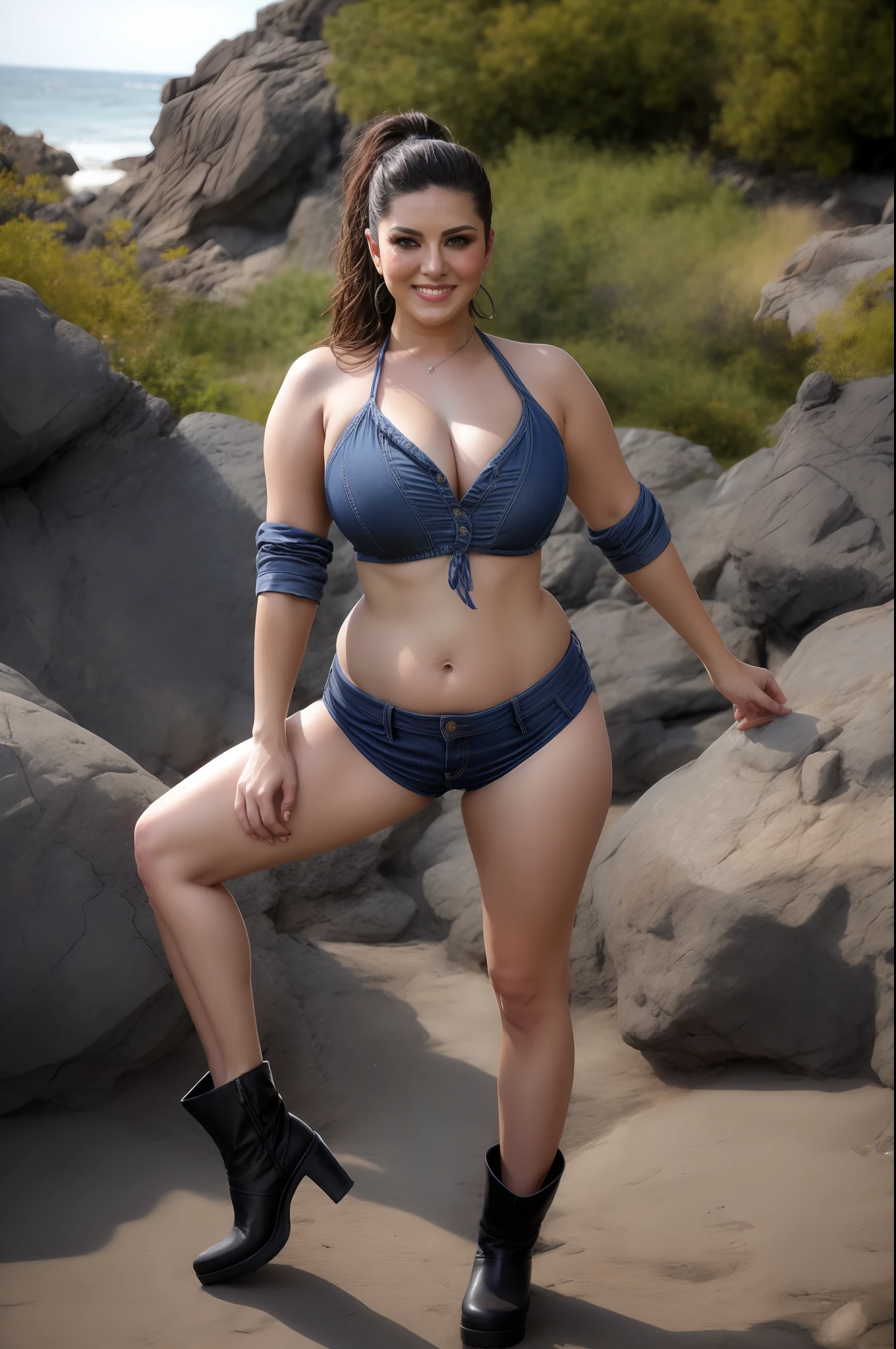 Happy latina, black bikini, denim shorts, hot pants, full body, high boots, curvy, voluptuous figure, massive cleavage, high ponytail, posing in a beach, chin up, day scene, breasts visible show, 90% breasts popping out, hourglass figure, massive breasts, nipple visible, seductive face, look at camera and smile, erotic adult face, 40 yo, soft volumetric lights, intricate details, (ArtStation:1.2)