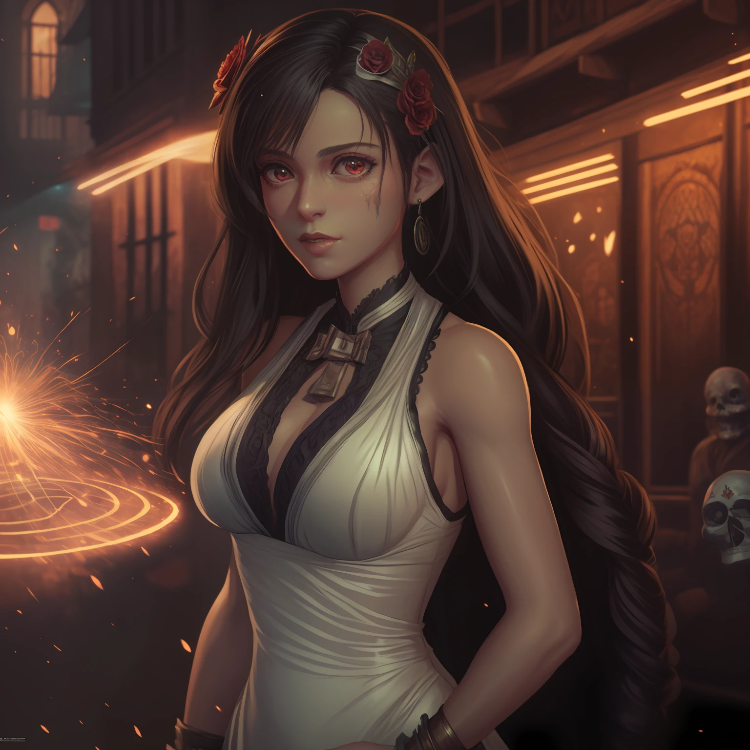 One (full body: 1.3) shot in 8k resolution, splash art, fantastic comic book style, photorealistic, anatomical realistic digital painting portrait of a Latina woman (mexican muertos queen: 1.3) in white (silk dress: 1.1), (long curly red hair:1.1), (medieval city:1.3), particle of light,, very detailed skin, very detailed eyes, (elden ring style:1.3),  (Warhammer style:1.1), conceptual artist, global lighting, depth of field, splash art, art by Artgerm and Greg Rutkowski and Viktoria Gavrilenko