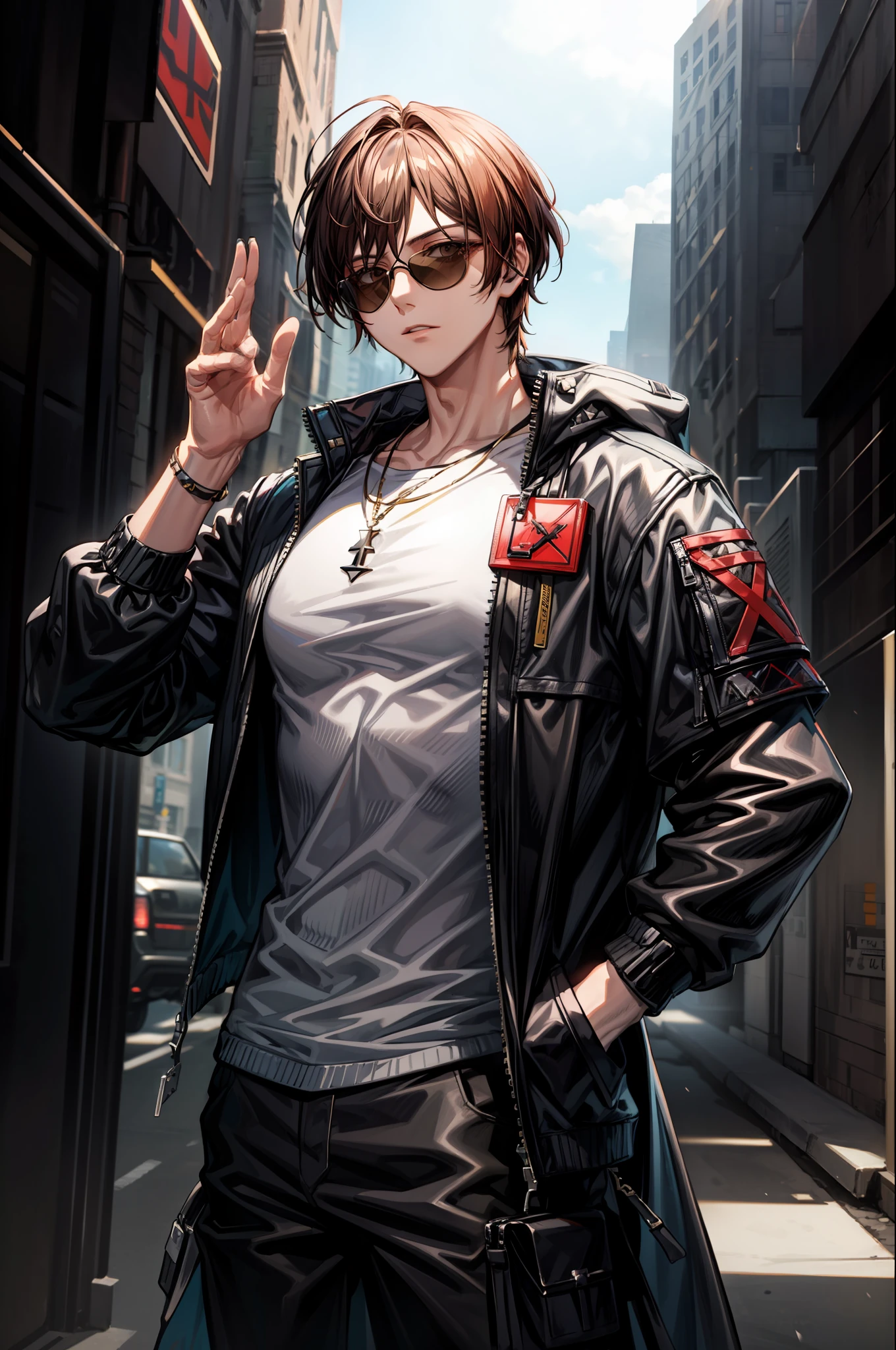 "Feast your eyes on this masterpiece of best quality! A confident young man stands proud in his jacket and sunglasses, his solo pose exuding style and attitude." , ((arknights))