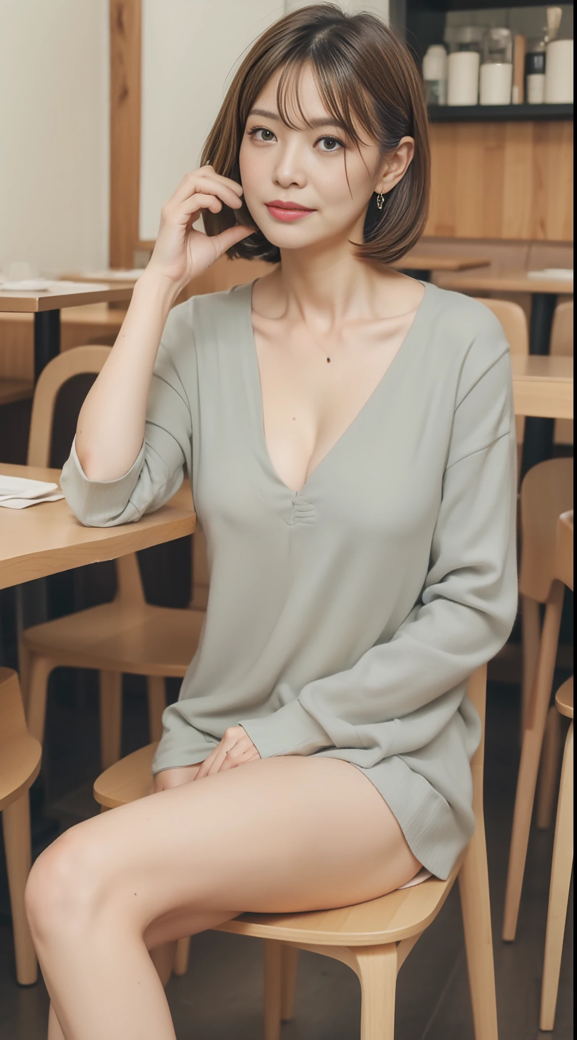 巨作, Top image quality, A high resolution, 独奏, small tits, 40yo, (wrinkles:0.08), 1 persons, Stylish restaurant, sits on a chair, Stylish coordination, Bob Hair,