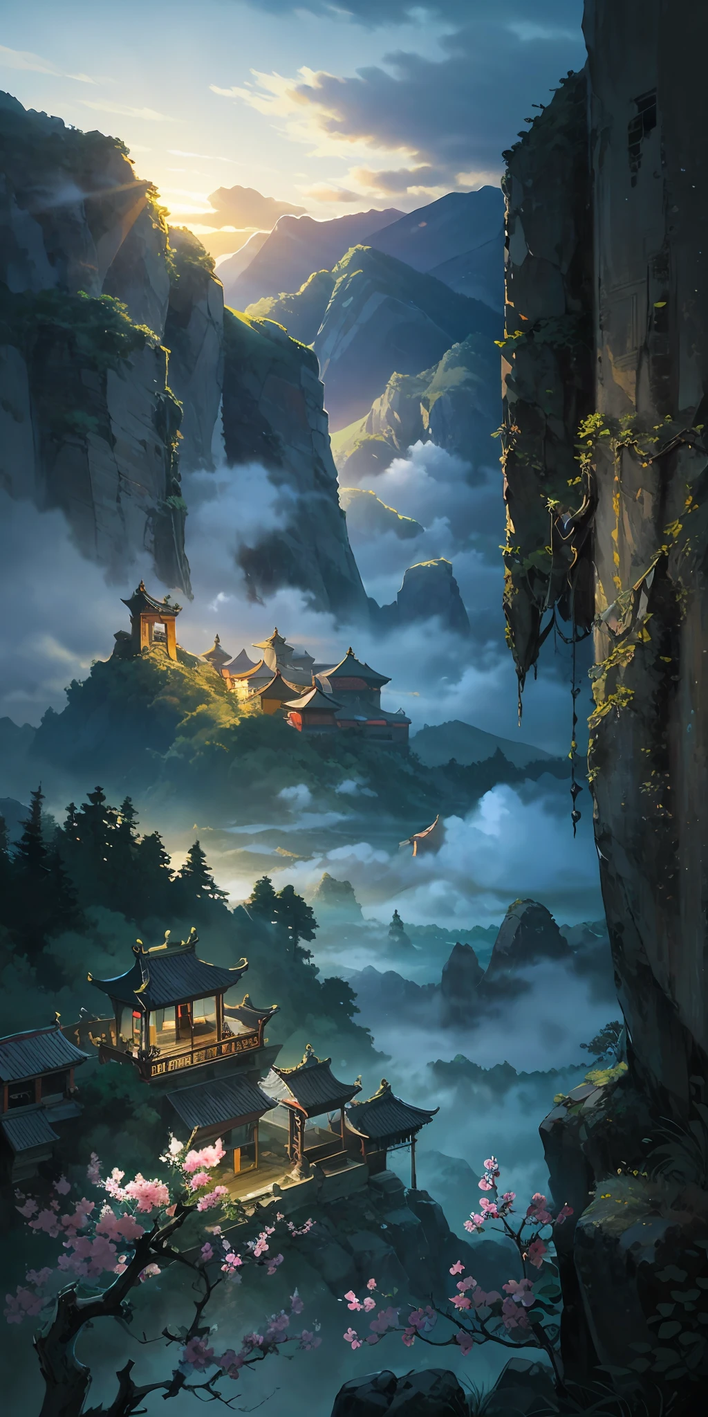 “((masterpaintings)),High quality,Super meticulous,A majestic ancient Chinese city in the mountains,surrounded by cloud,dense fog,Immortals,peach blossom,stunning lighting effects,A spectacle of pure natural beauty。”