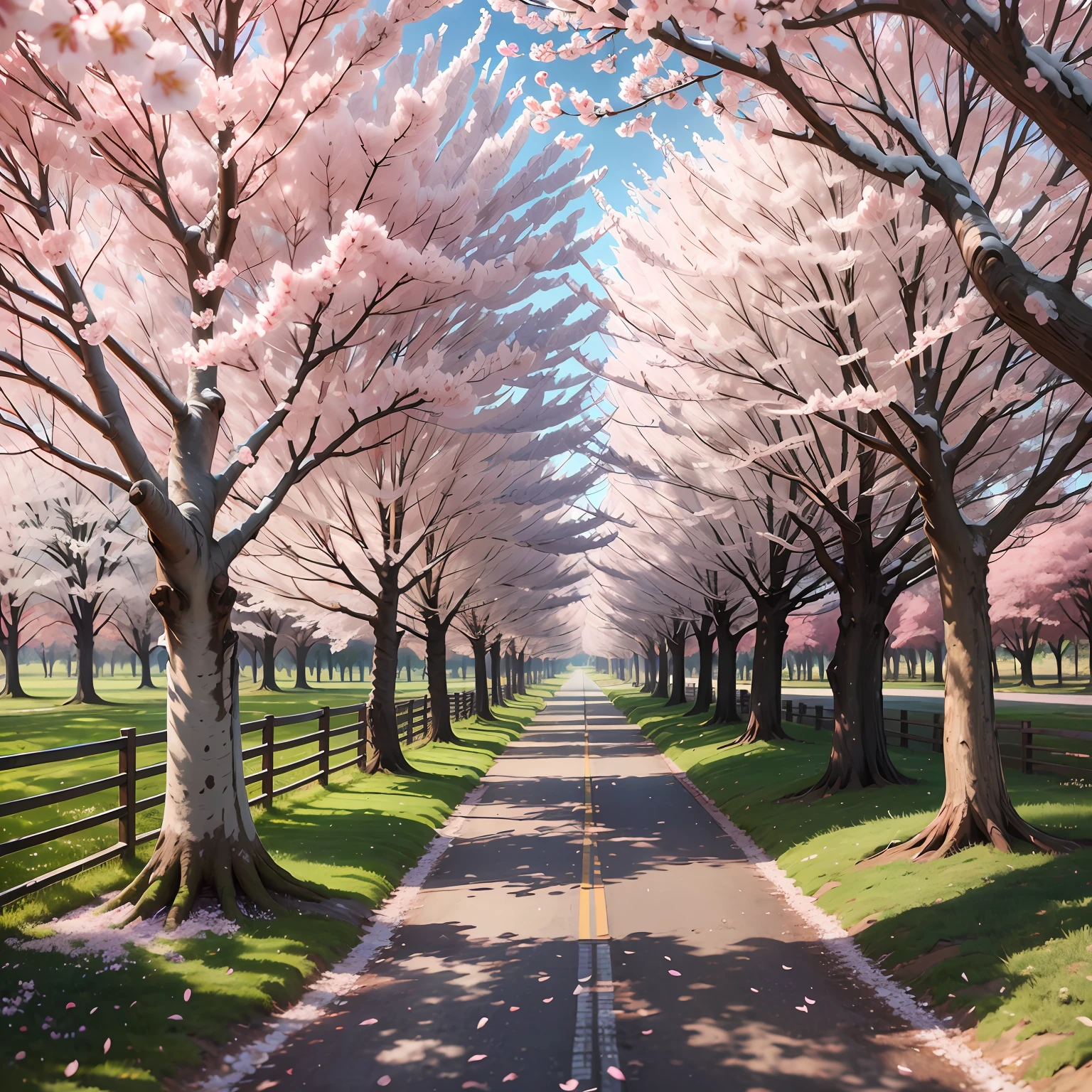A path lined with flourishing cherry blossom trees cat facing backward