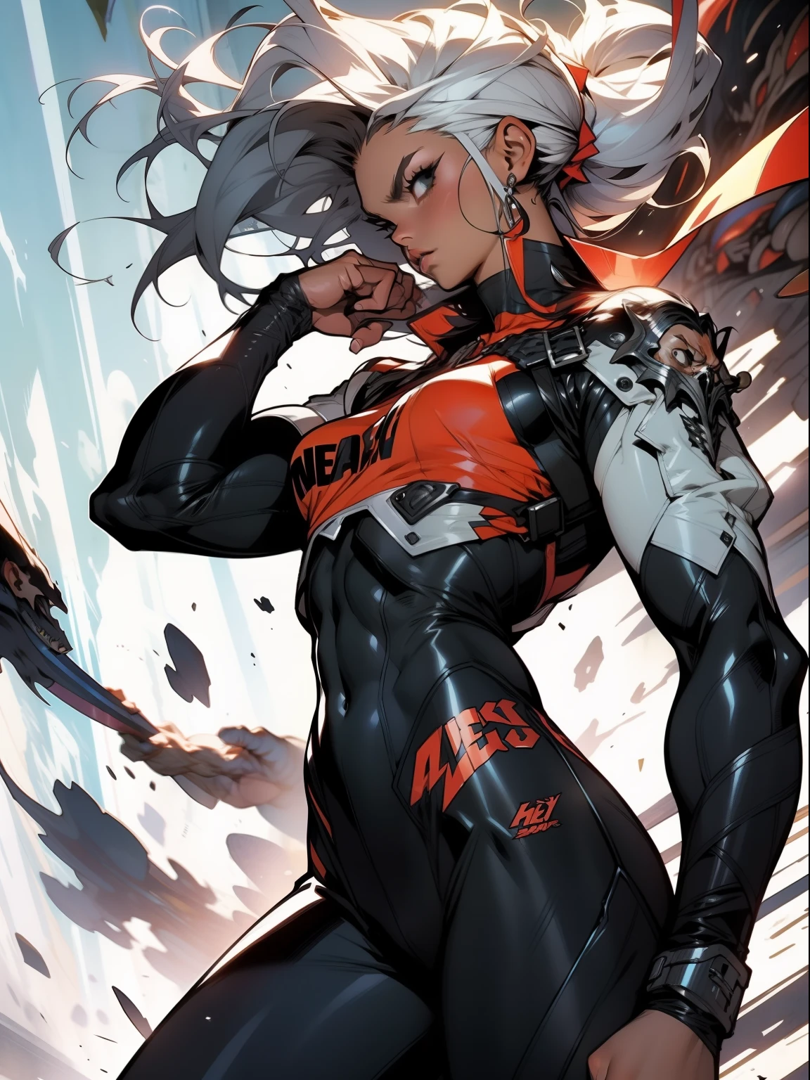 A muscular 35-year-old warrior woman almost naked in the Simon Bisley style for the cover of Heavy Metal magazine, hair half black half white, Minimum clothing, Short clothes,