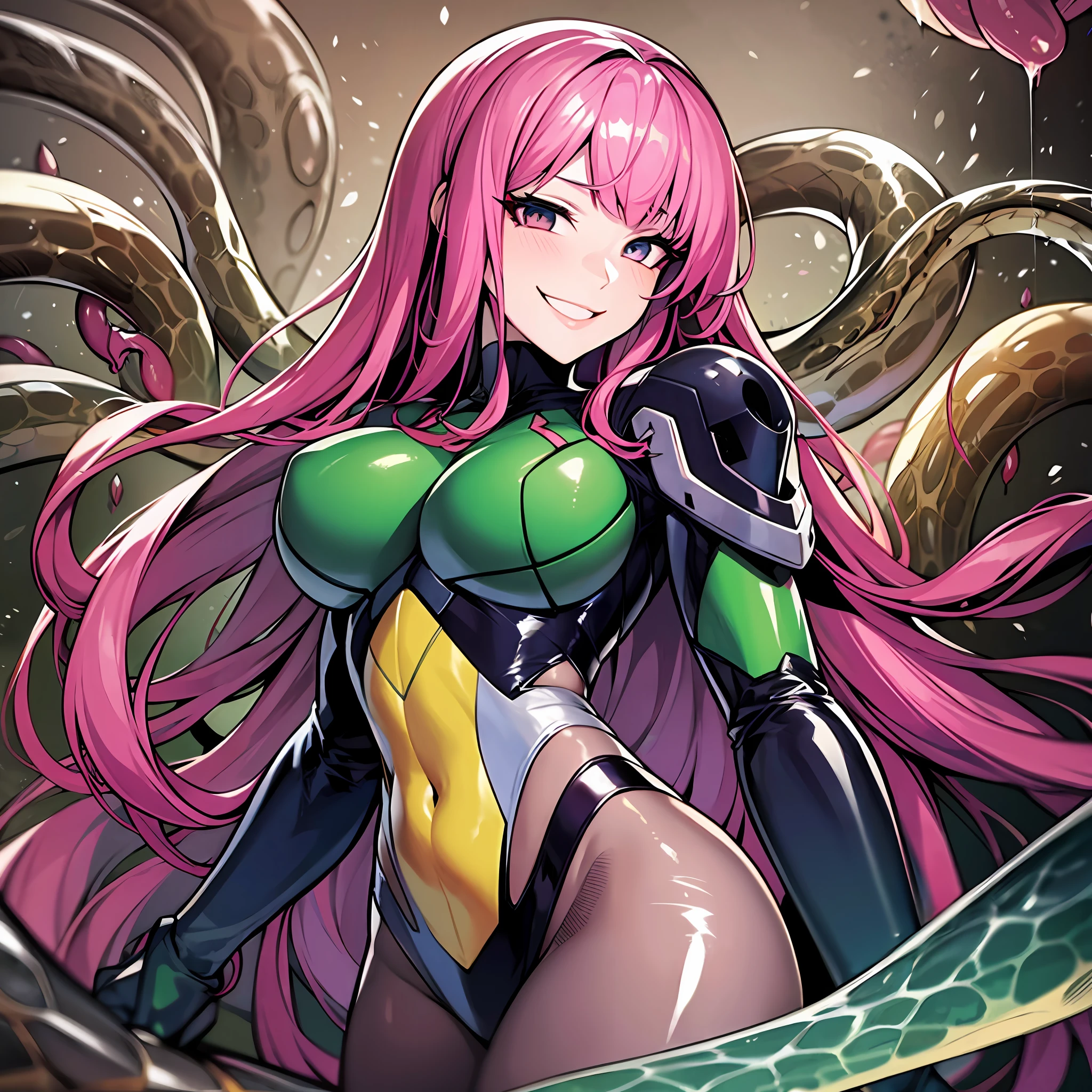Woman wearing hot water dripping tentacles、wicked smile、Lustrous tentacles、Has tentacle whips、Cel Shade Adult Animation、Metroid Suit、long hair