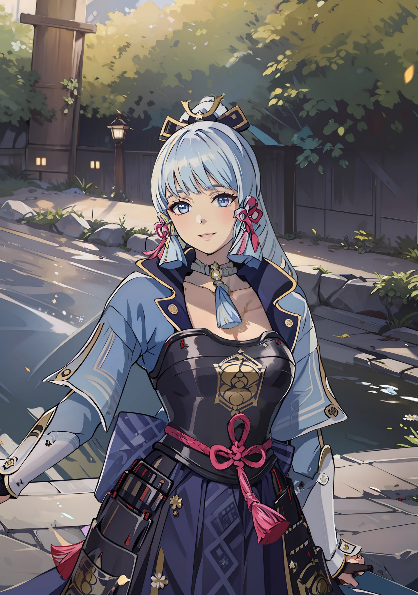 (masterpiece), (best quality), (ultra detailed),(disheveled hair),(illustration), (1girl), standing, smiling, beautiful detailed eyes, light blue eyes, detailed beautiful face, (kamisato ayaka: 1.2), Genshin Impact,focus on face, ponytail, kamisato ayaka(genshin impact), light blue hair, detailed hair, bangs, best lighting, best shadow, highly detailed, vibrant