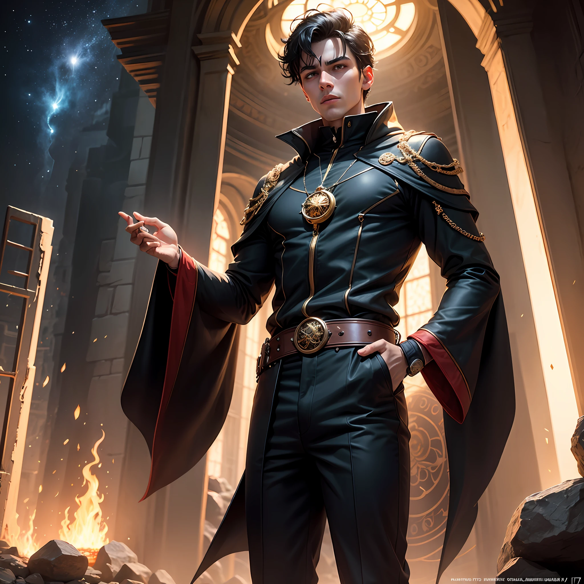 Image ultra realistic realistic detailed masterpiece high resolution high definition film style dusney boy 17 year old black hair black eyes wizard of the philosopher's portal to another dimension wizard sorcerer of the good portal to oytra dimension medallion and round golden with blue stone jacket all black black jacket without details all black FULL BODY IMAGE DIMENSIONAL PORTAL IN THE BACKGROUND detailed) (8k) ( HDR) (papel de parede) (cinematiclighting) (Fogo afiado) (intrincado) estilo fime da disney, Wizard RSPAZ 17 years cab3lo black magic and mystical cloak opening stone portal philosopher three-dimensional ultra-ralist detailed high definition skin --auto