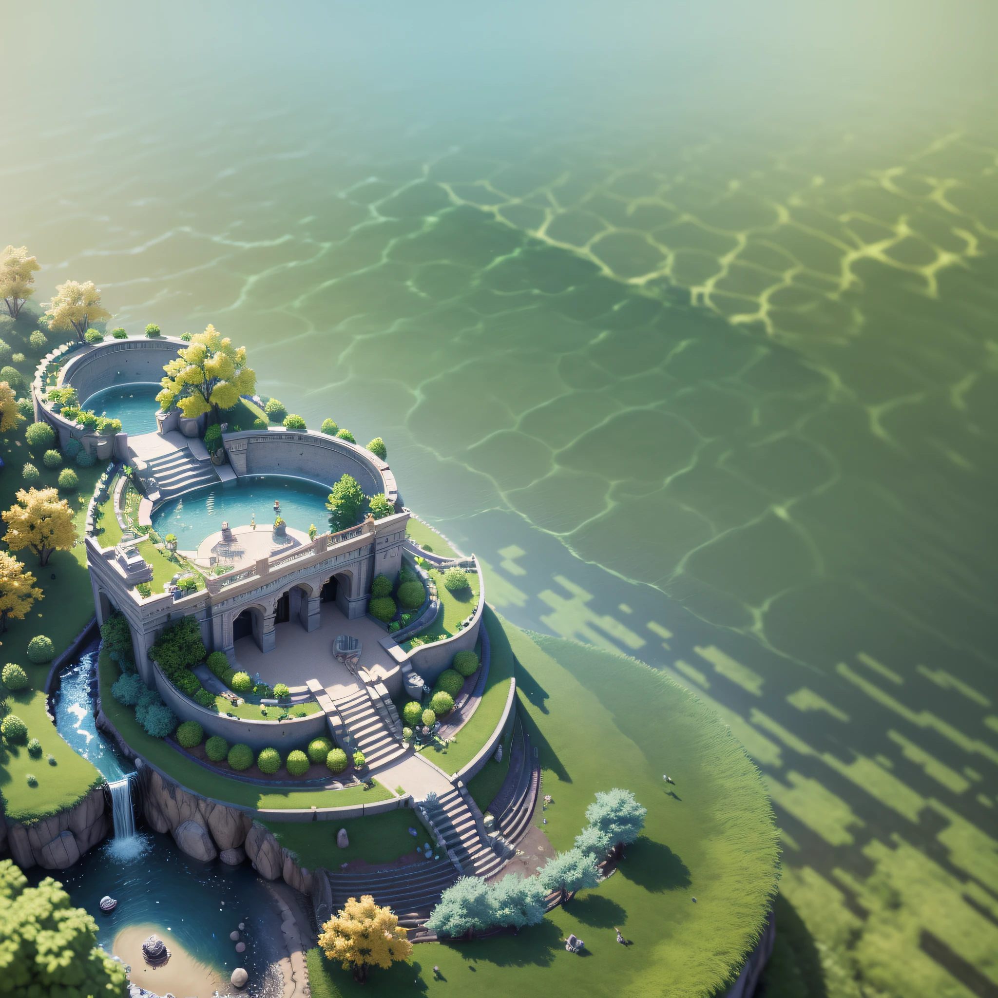 (isometric 3D), (masterpiece), (8k wallpaper of extremely detailed CG unit), (best quality), (best illustration), (best shade), trpical garden, water, octane rendering, ray tracing, ultra detailed, --auto --s2