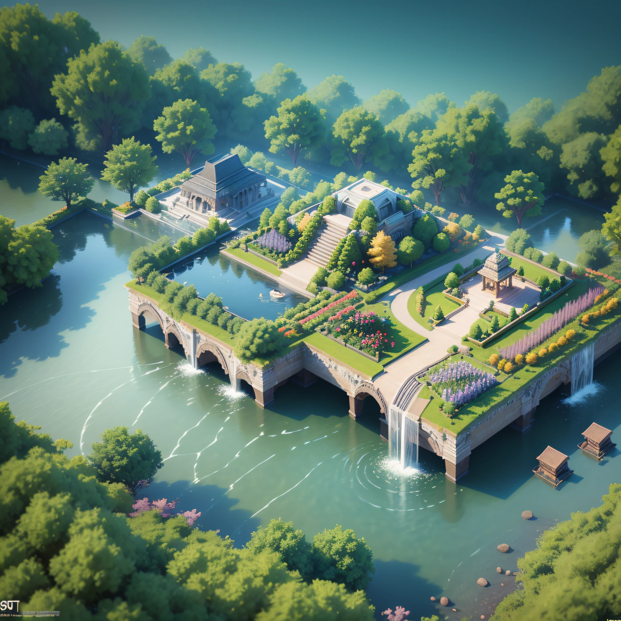 (isometric 3D), (masterpiece), (8k wallpaper of extremely detailed CG unit), (best quality), (best illustration), (best shade), trpical garden, water, octane rendering, ray tracing, ultra detailed, --auto --s2