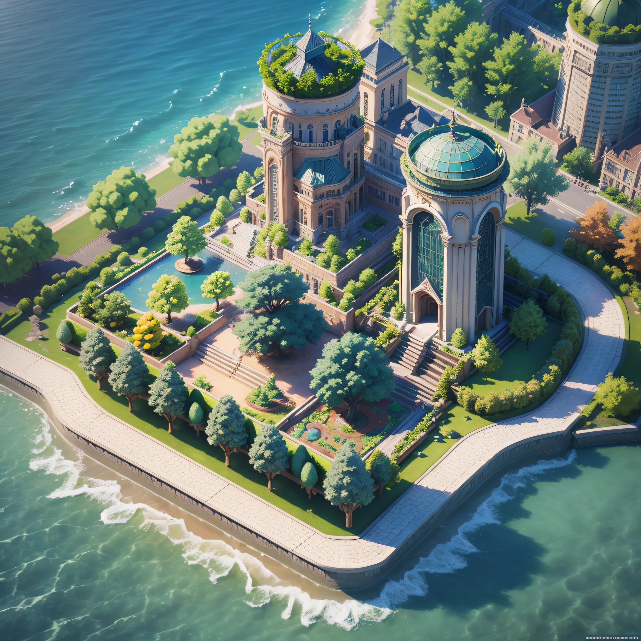 (isometric 3D), (masterpiece), (8k wallpaper of extremely detailed CG unit), (best quality), (best illustration), (best shade), trpical garden, water, octane rendering, ray tracing, ultra detailed, --auto --s2