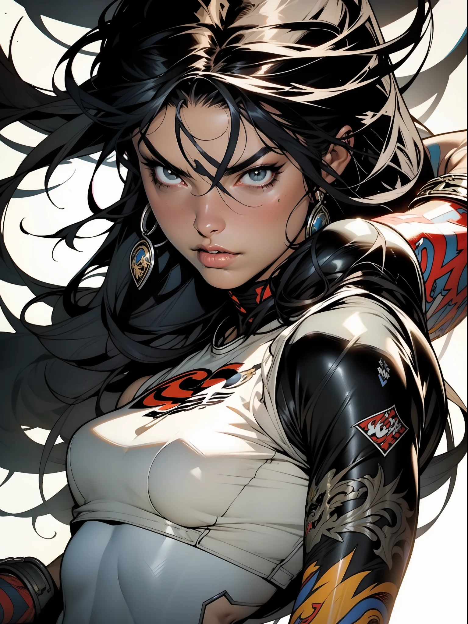 A muscular 35-year-old warrior woman almost naked in the Simon Bisley style for the cover of Heavy Metal magazine, hair half black half white, Minimum clothing, Short clothes,
