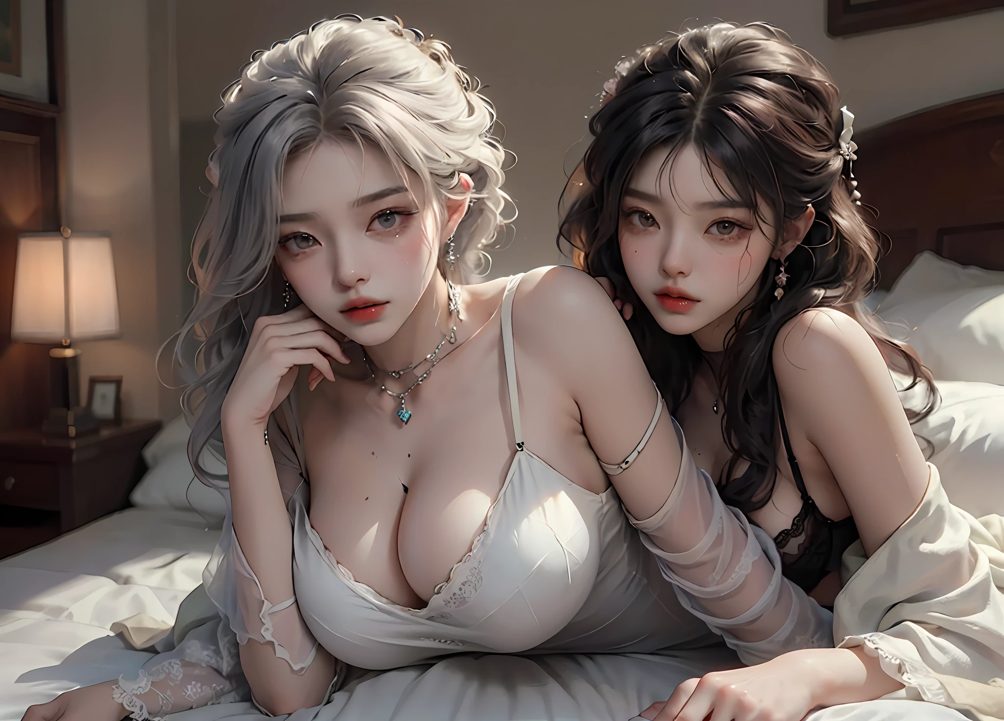 (Best Quality, 8k, 32k, Masterpiece, UHD:1.3), (Photo of Attractive Korean Woman), 2 Girl, (super huge Boobs:1.2), (short wavy ash gray hair), Abs, Perfect Body, Ultra Detailed Face, Detailed Lips, Lust Eyes, double eyelids, on the grasses, (seductive), ((aroused:1.5)), ((areolae slip)), Full body, black sheer lingerie, stokcking, pantyhose, official lady, black sheer underwear, lace nightdress, short wave ash gray hair, japanese goddess, lying on bed, gorgeous maid, beautiful asian girl, korean girl, japanese model, japanese, asian girl, sexy girl, asian, sakimichan, korean woman, seductive, lovely woman, captivating and enticing, (RAW photo: 1.2), top quality, beautiful detailed girl, from below, bob, highly detailed eyes and face, beautiful detailed eyes, huge file size, high resolution, 8k wallpaper, fine detail, highly detailed ticker uniform 8k wallpaper, light on face, movie lighting, 18 year old girl, sexy pose, (photorealism: 1.4), illustration, Super detail, masterpiece, shy look, shy, lewd,very big tits,very huge boobs, (super huge Boobs:1.3), double breasts, seductive, wet skin, necklace, earings, sexy, bare shoulders, bare waist, bare breast, flowers on hair, in the garden, some birds flying around