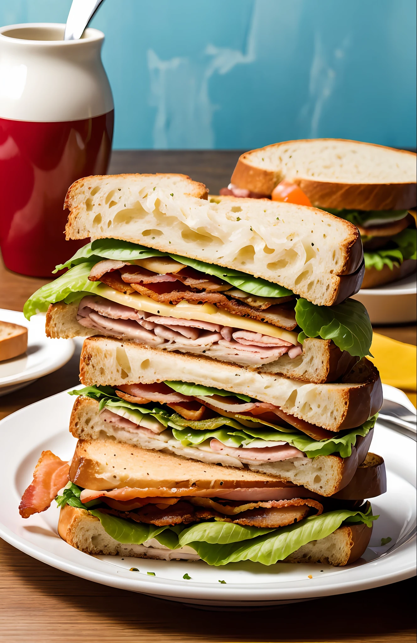 photo of a scrumptious BLT sandwich with extra bacon, (rustic diner background)+, seed bread, pepper jack cheese, (intricate details:1.12), hdr, (intricate details, hyperdetailed:1.15)