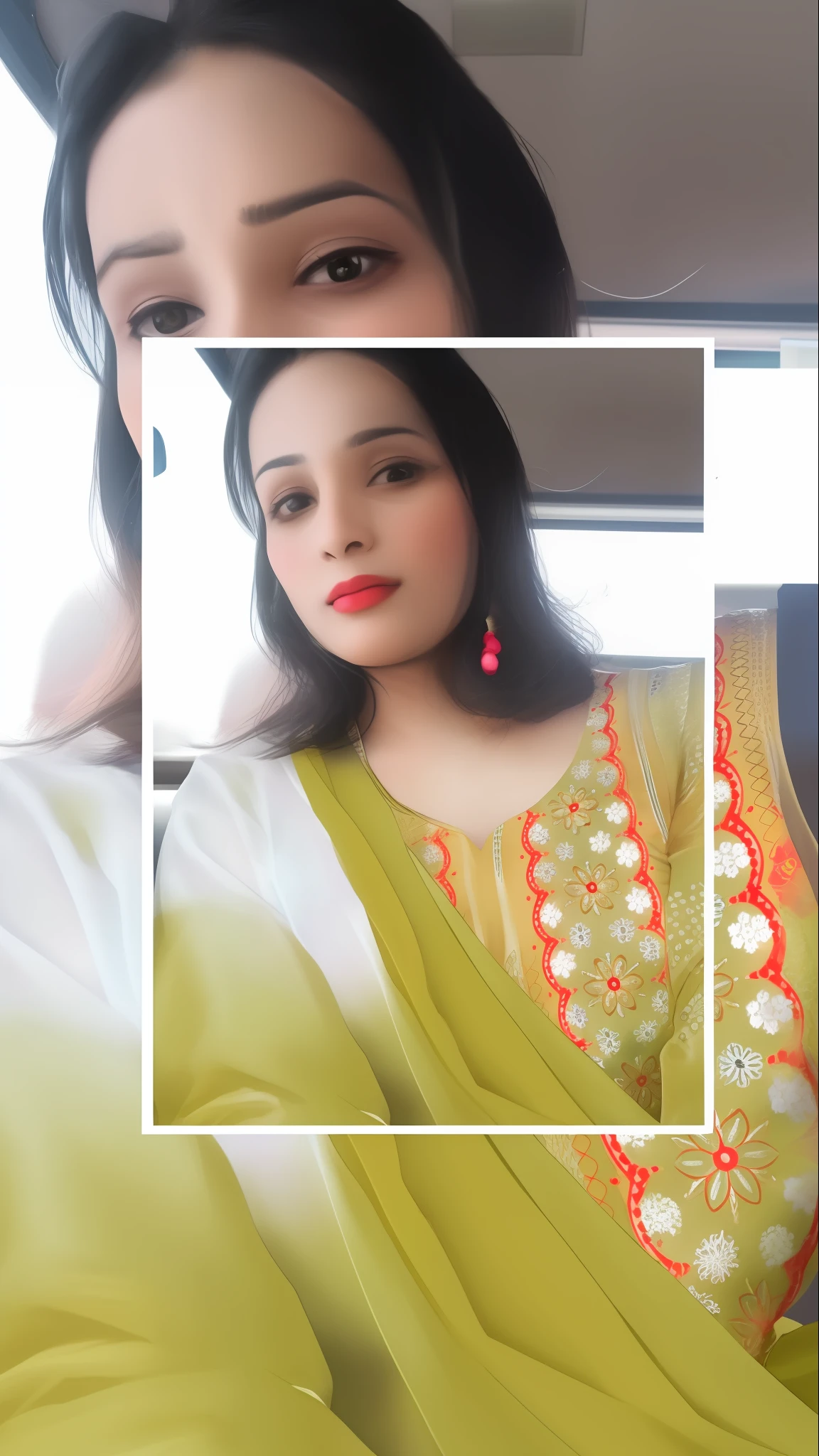 a close up of a woman in a yellow sari with a picture of her face, with lovely look, with beautiful colors, very very low quality picture, neon yellow madhubani, * colour splash *, inspired by Ambreen Butt, traditional beauty, wearing a silk kurta, inspired by Saurabh Jethani, wearing a kurta, very beautiful enga style, very extremely beautiful