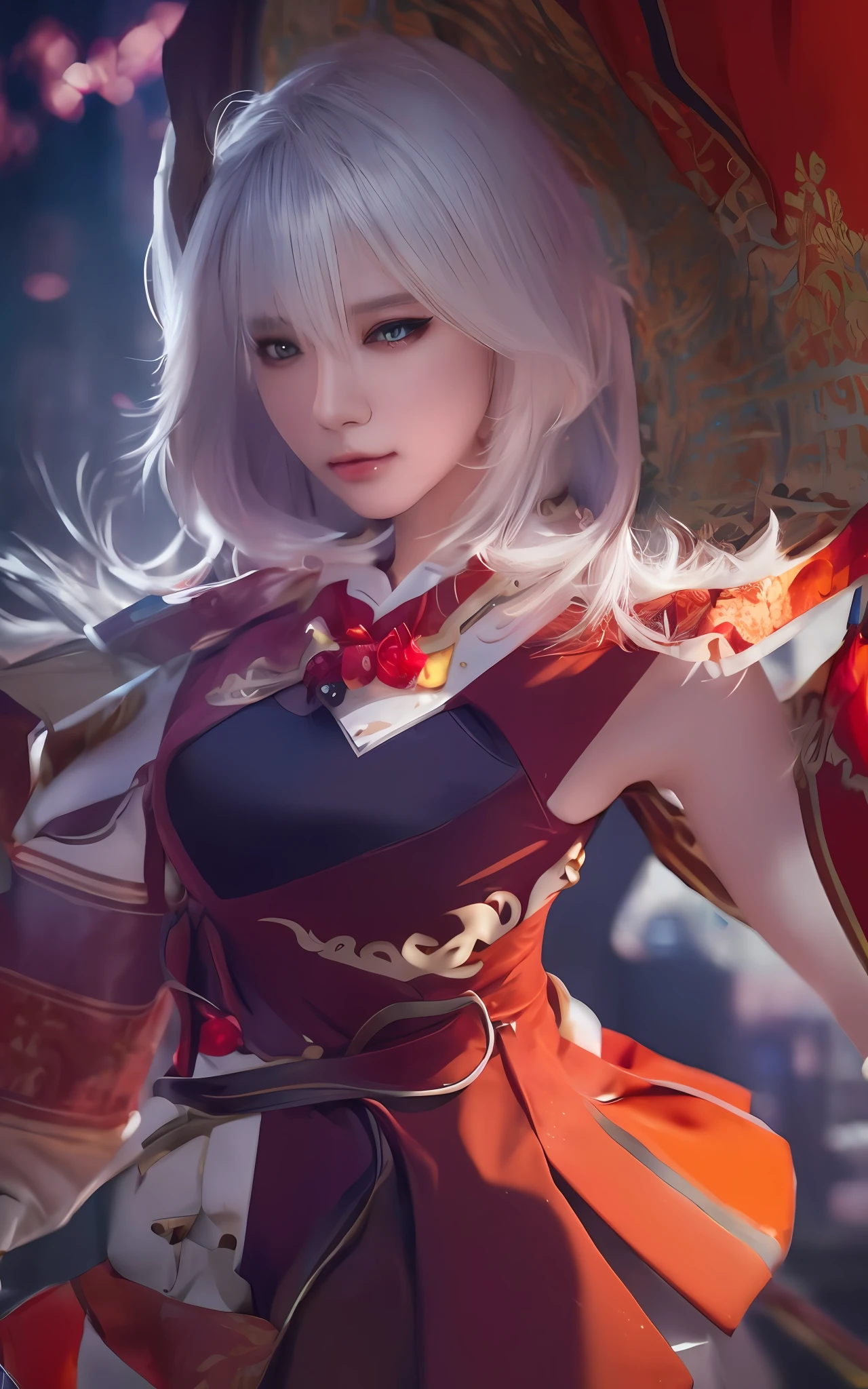 white hair, red eyes, (detailed face:1.3), (upper body:1.4), 1girl, (RAW photo, best quality, masterpiece:1.2), (realistic, photo-realistic:1.37), (aegyo sal:1), professional lighting, photon mapping, radiosity, physically-based rendering, pureerosface_v1,