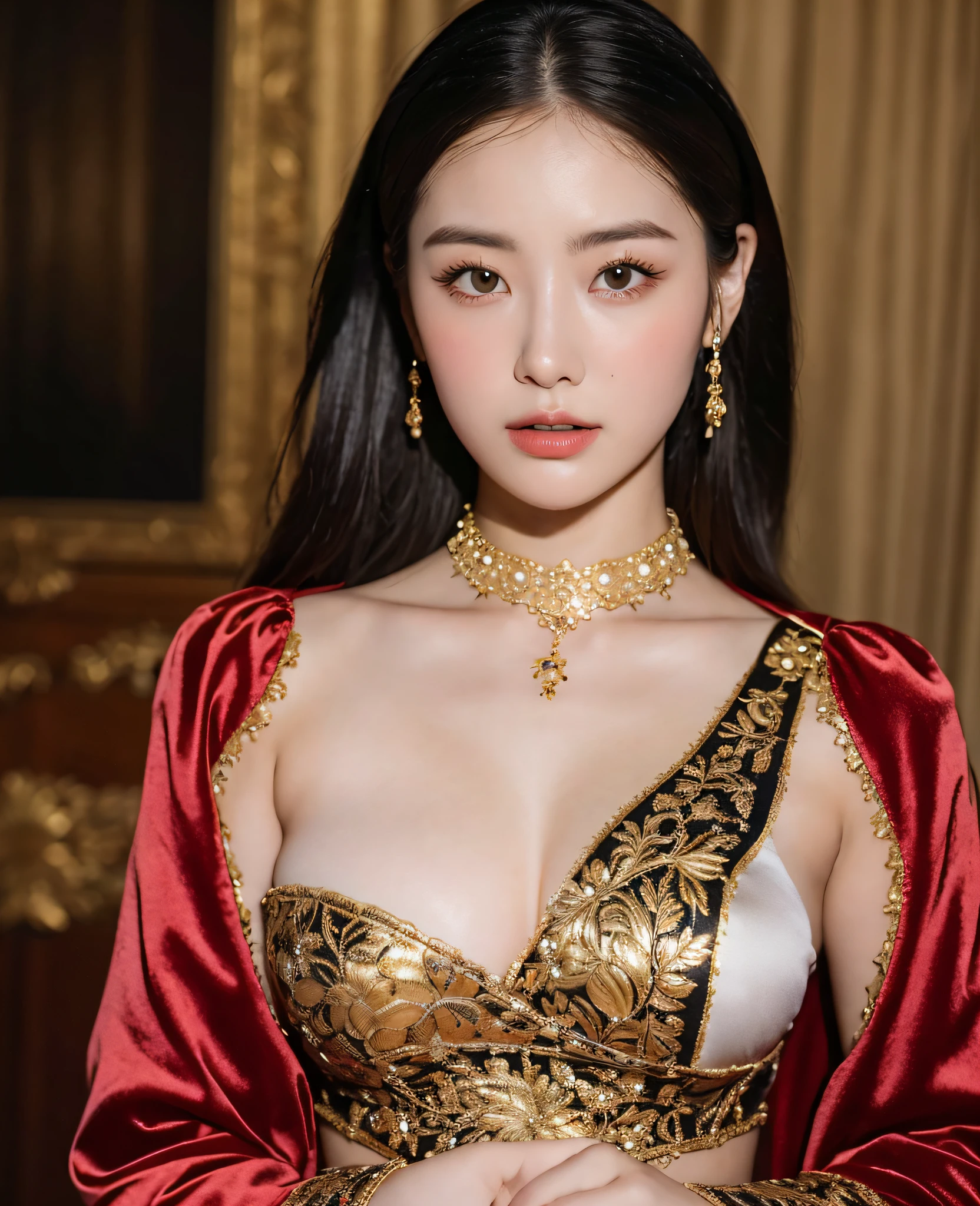 (fidelity:1.3),filigree,Quality,Rembrandt lighting,(master-piece:1.2),(fidelity:1.2),(best qualiy),(Skin Detail:1.3),(Intricate details),Dramatic,ray traicing,1girls,Eighteenth-century European noblewoman costumes,ornate clothing,Confident and independent beauty,Unique charm,HAIR LOIRO,21yo,ginormous breasts,Open collar,Expose most of your breasts,Elizabeth Swan,