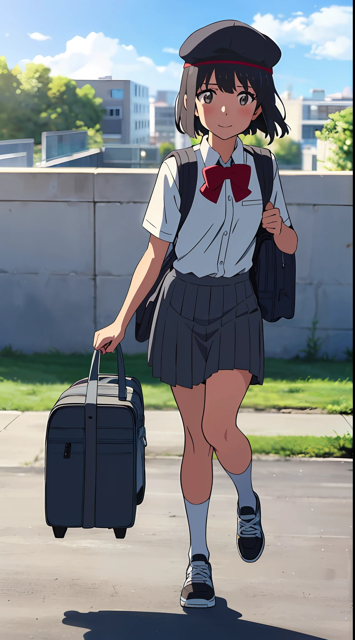 shinkai makoto, kimi no na wa., 1girl, bangs, black hair, blue sky, blush, brown eyes, cloud, collared shirt, headband, looking at the viewer, Negative Space, Outdoor, outside, bright, grey headband, grey ribbon, Ribbon, school uniform, shirt, cap, grey cap, short hair, sky, smile, solo, white shirt, skirt, grey skirt, school, mid-socks, white socks, black sneakers, full body, school backpack