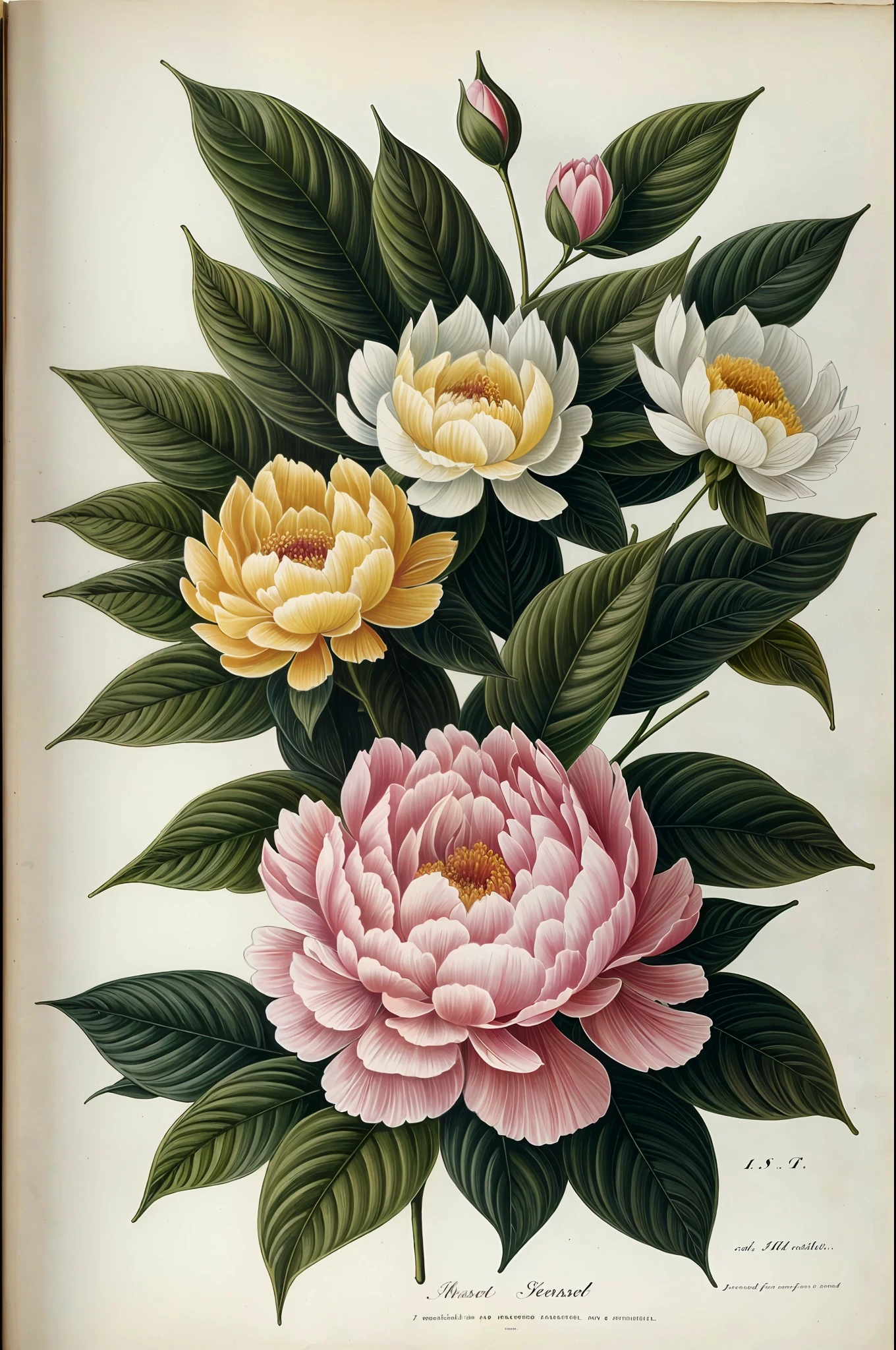 (best quality:1.2), (detailed:1.2), (masterpiece:1.2), vintage botanical illustrations of peonies (1770 1775) in high resolution by John Edwards