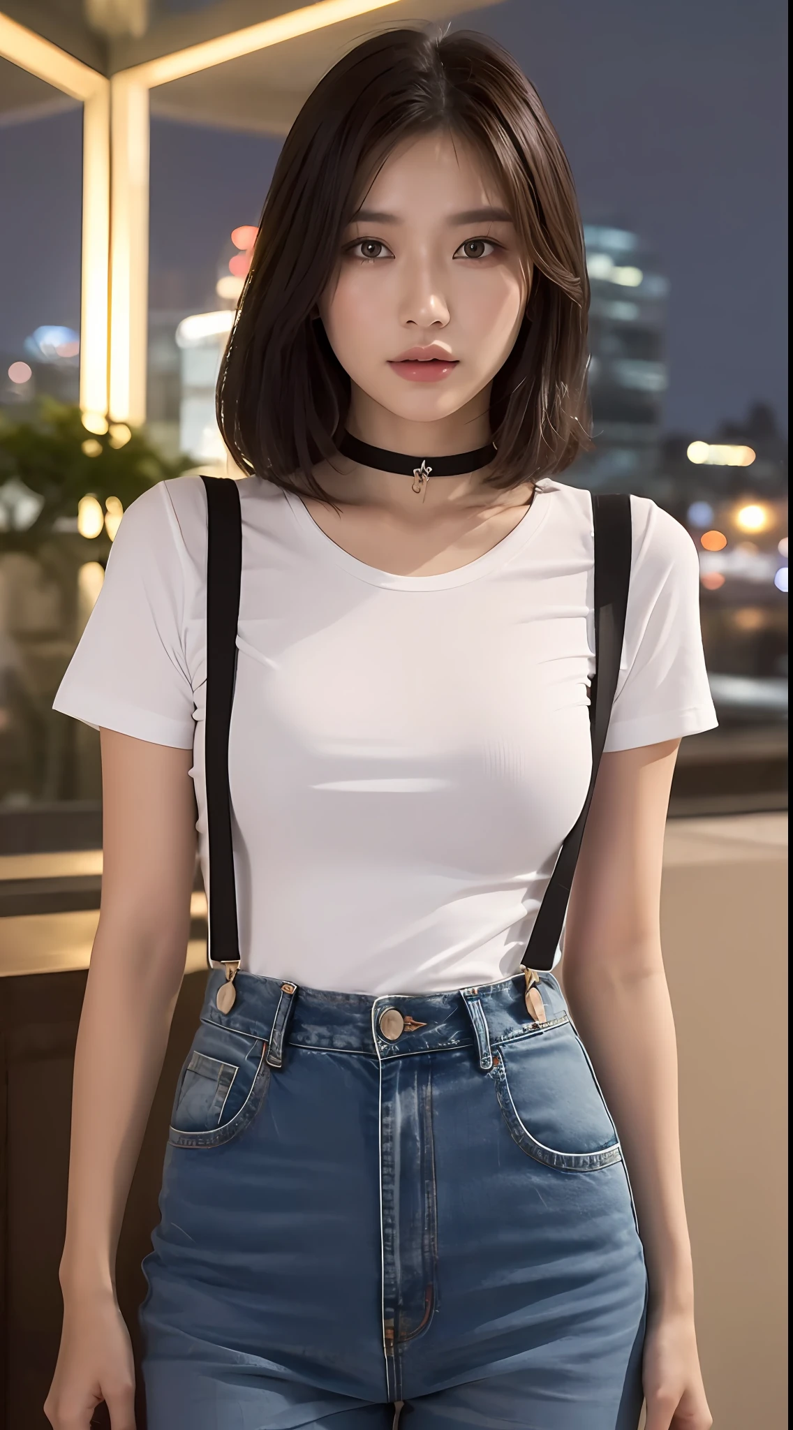 ((midynight, Need, 8k, masterpaintings:1.3)), body complet, Long legs, Focalors:1.2, perfect figure beautiful woman:1.4, Slim abs:1.1, ((Dark brown hair, Dew big breasts:1.2 )), (white tight t-shirt, Denim suspenders, to stand:1.2), ((city night scene, roofto:1.3)), Highly detailed facial and skin texture, detailed eye, 双眼皮