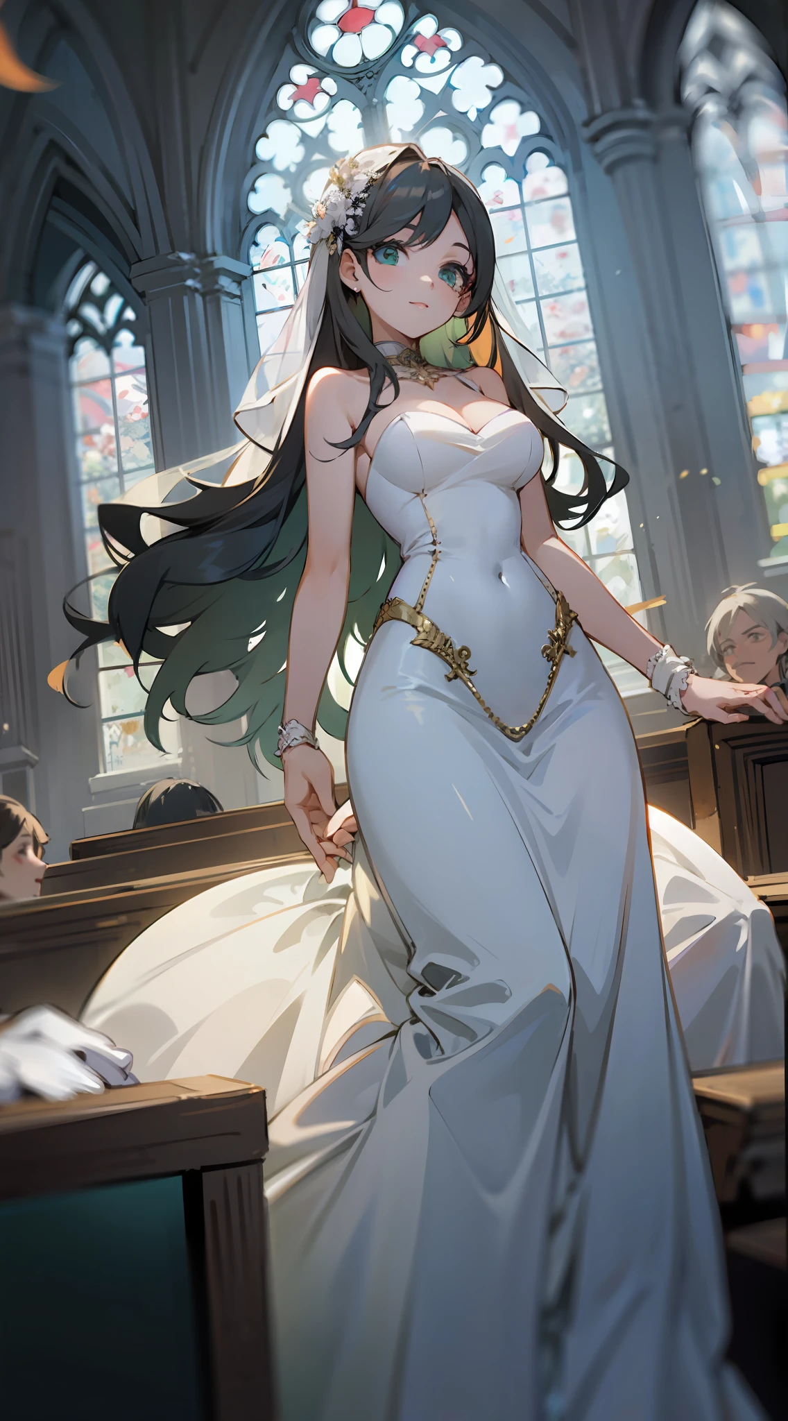 wearing a wedding dress、Inside the bright church、Black Long Hair、Large breasts、a  beautiful female、wedding、Costumes with green tints、Shining sunshine、