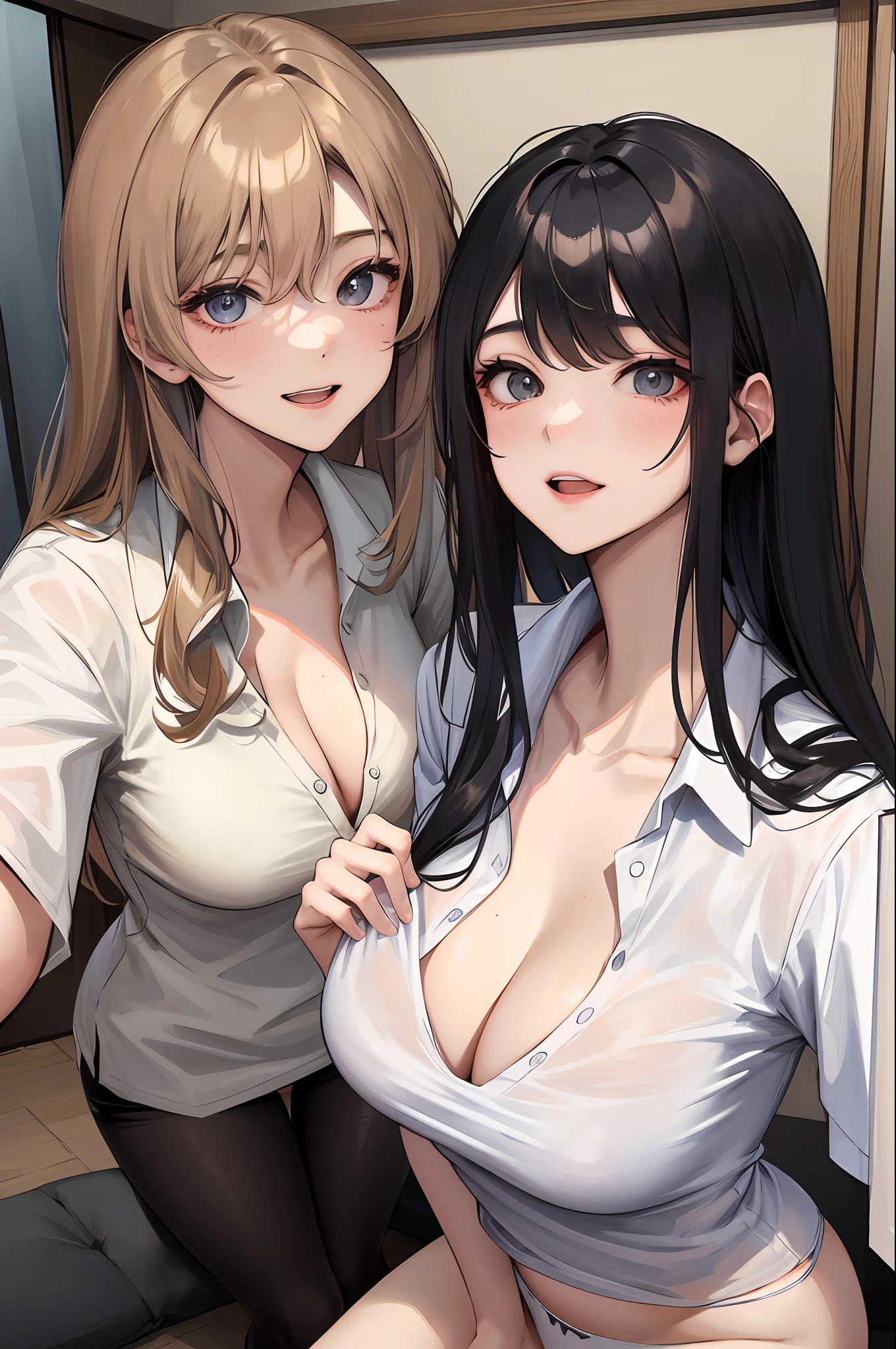 realisticlying、2 females、Polo shirt、Wearing underwear、Bedrooms、realisitic、A sexy、Cleavage emphasis、Face smile、Breasts a little bigger