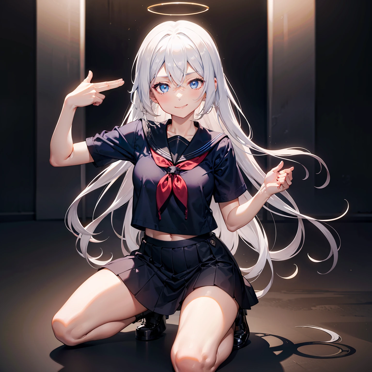 巨作, Best quality, 巨作,Best quality,offcial art,Extremely detailed CG Unity 8k wallpaper, crepuscular, strong rimlight, intense shadow, Game_CG, girl, hair between eyes, Blue eyes, Small breasts, tsurime, Long hair, White hair, Putting up with_face, Kneeling, Naughty_face, serafuku,body complet,,metal halo,a glowing halo,finger gun