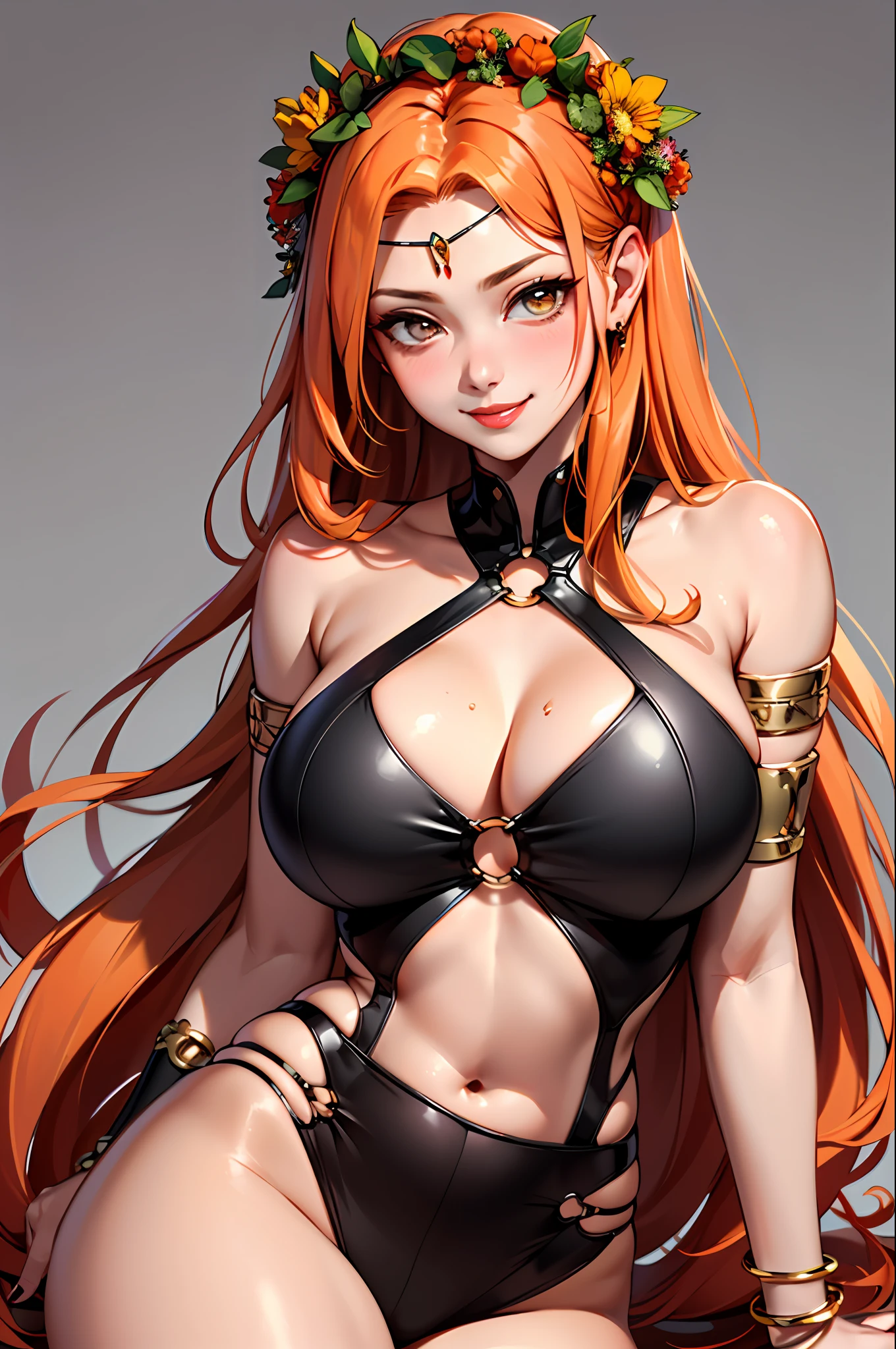 (巨作:1.4)、(最好质量:1.4)、
1girl in, armlet, bare shoulder, orange color hair, blush on, A bracelet, tits, circlet,, verd s eyes, Wreath on the head, huge-breast, jewlery, a large breast, length hair, looking at the viewers, navels, O-ring, o-ring top,, simple background, a smile, 独奏, extra very long hair, ,realisitic,(shinny skin),(巨作:1.4),(最好质量:1.4),red-lips
