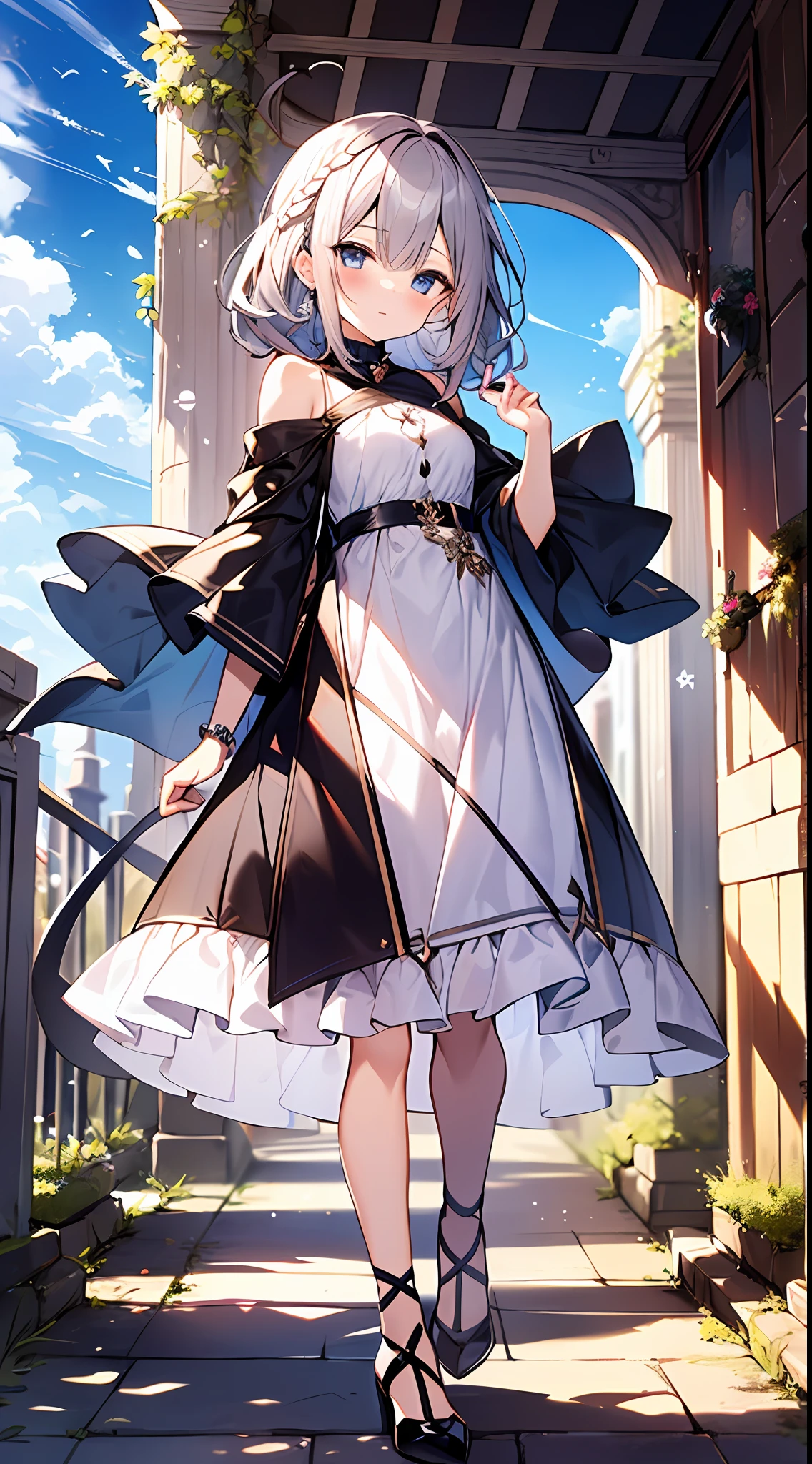 (incredibly absurdres absolutely resolution: 1.5), highest quality, masterpiece, ultra high resolution, 8k, (multiple girls), (gorgeous dresses with many gorgeous and colorful decorations) BREAK shoujo manga style, (li), soft line drawing, digital enhancement, shojo manga touch, environmental change scenes, shojo manga core, ( Hair length to the shoulders))), (((short braid))), ancient capital of the West, full body visible angle, entangle, beautiful and aesthetic: 1.5, High quality: 1.3