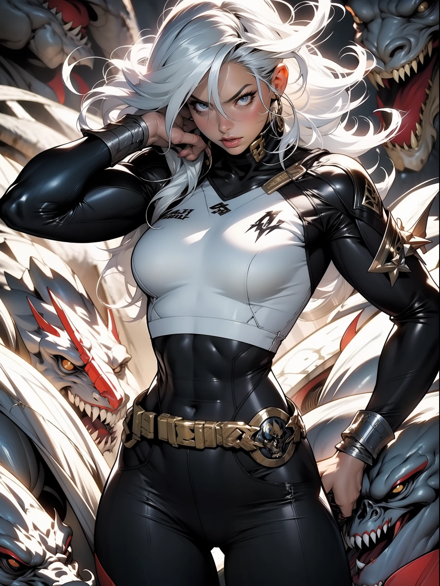 A muscular 35-year-old warrior woman almost in the Simon Bisley style for the cover of Heavy Metal magazine, hair half black half white, Minimum clothing, Short clothes,