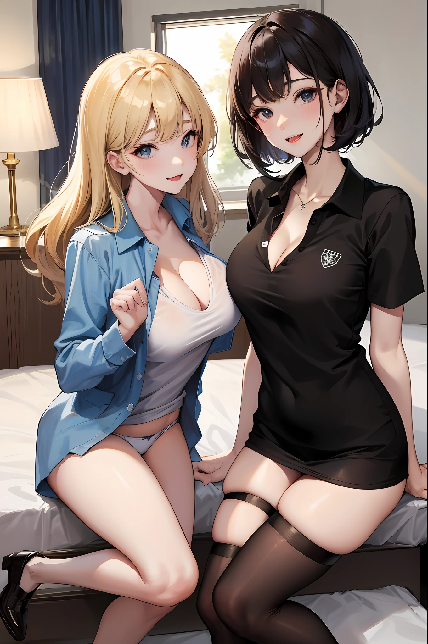 realisticlying、2 females、Polo shirt、Wearing underwear、Bedrooms、realisitic、A sexy、Cleavage emphasis、Face smile、Breasts a little bigger