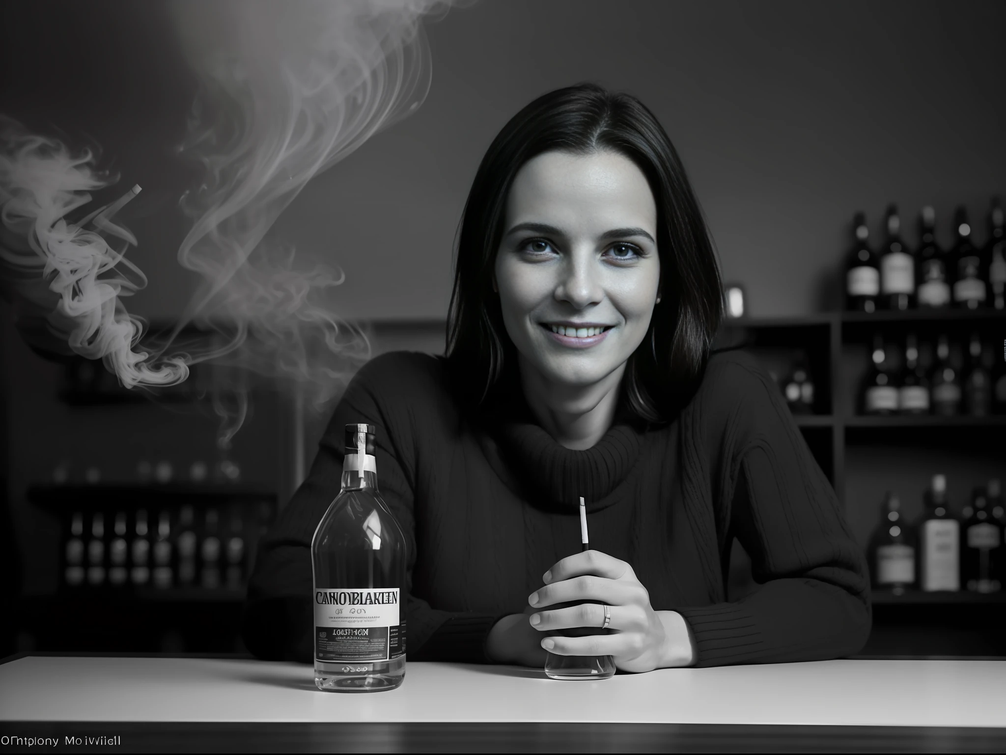 "MONOCHROME B&W IMAGE: 01 WOMAN (solo, 38 years old, French, very similar to Juliette Binoche, long black hair, brown eyes, wearing a wool sweater, expression marks on her face, glint in her eye, enimatic smile, tight smile, staring at a smartphone in her hands) sitting at a TABLE (on the table are an cigarettes, a bottle of whiskey, a glass of whisky on the rocks) of a typical ENGLISH PUB (whisky club, decoration, a thin layer of tobacco ((smoke)) dispersed in the air | monochrome (black and white) photo realist, noir atmosphere, deep black, soft shadows, low exposure, high level of detail, high noise, medium sharpness, sharp focus, high contrast, photorealism in UHD, RAW, analog, Quality Canon D | P. O.V.: close-up, focus on the character's smile"