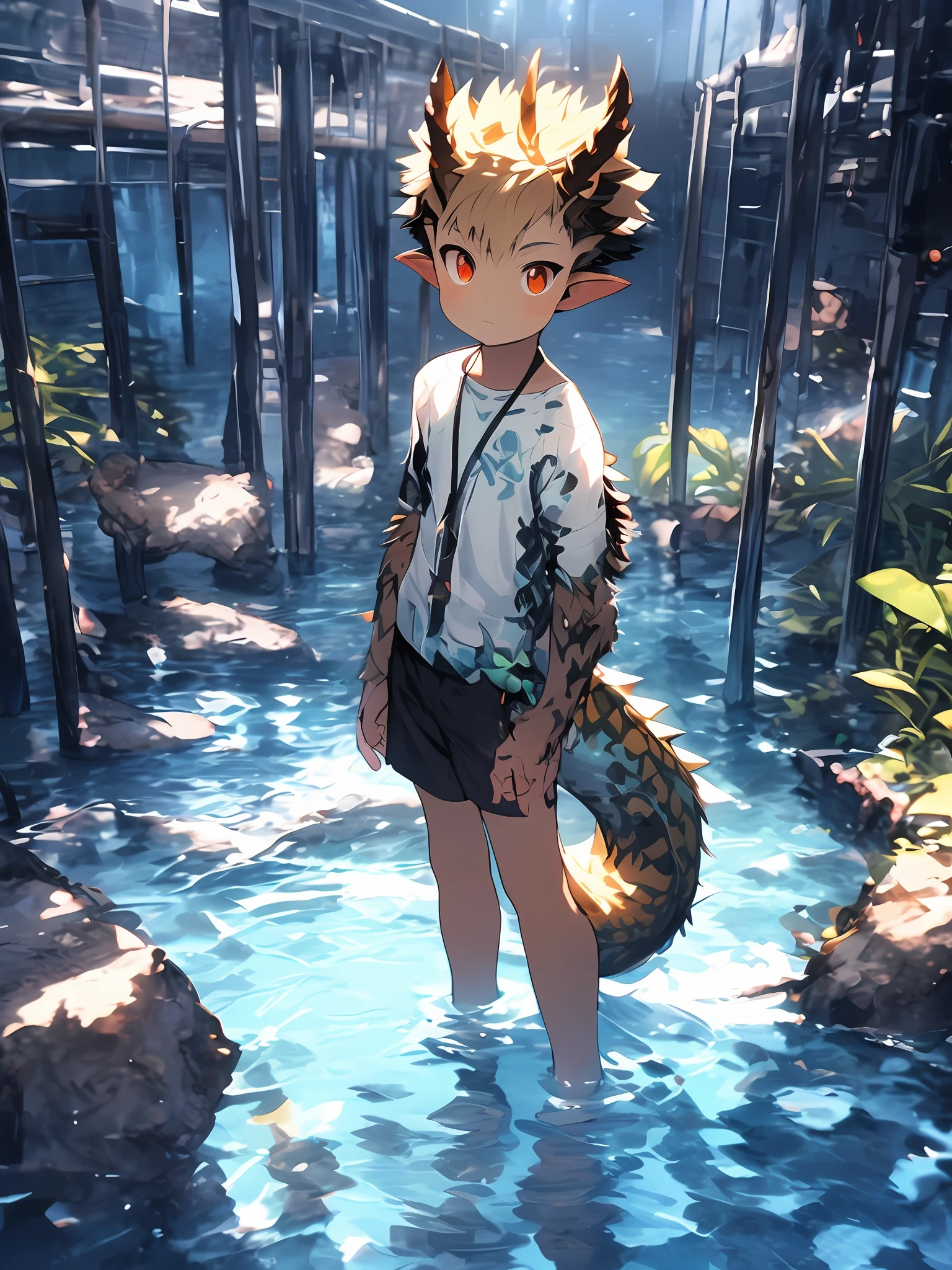 three quarter view，Shota，coiffed blonde hair，toddlers，Red eyes， lovly， to stand， Master masterpieces， A high resolution，8K，detailedbackground，hightquality，Libido boy，((((独奏，1boys，solo person))))，upshorts，grass field，white blossoms， watercourse，Stand in the water，《destiny/kaleid liner 魔法少女☆伊莉雅 3rei!!》，gilgamesh