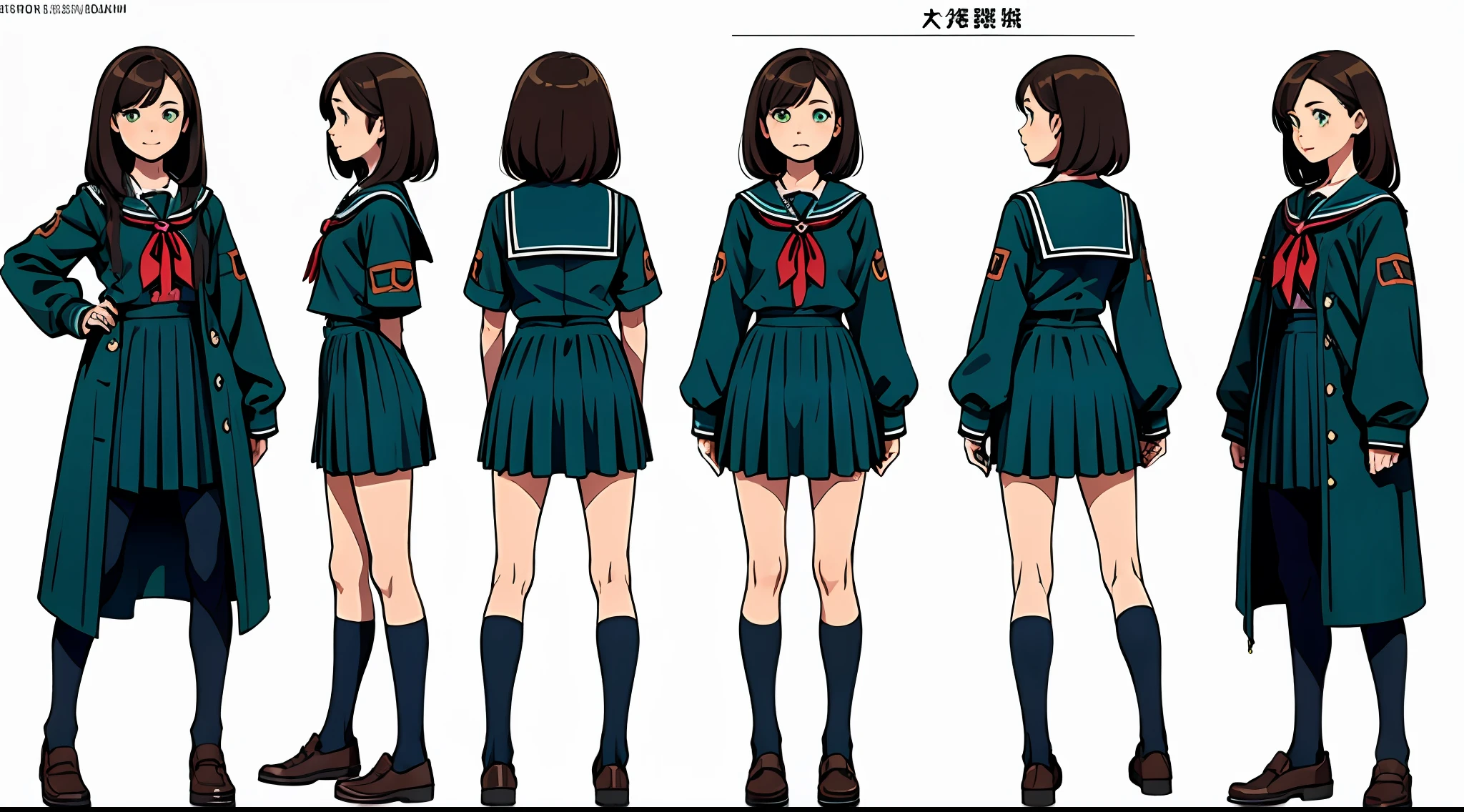 (masterpiece), best quality, (character design sheet, same character, full body, side, back), illustration, (beautiful detailed hair detailed face), ****ung girl, solo, perfect feminine face, very cute young girl, pose zitai, detailed design character, chesnut brown hair, left sided bangs, shorr length hair, green eyes, school uniform, (simple background, white background: 1.3)