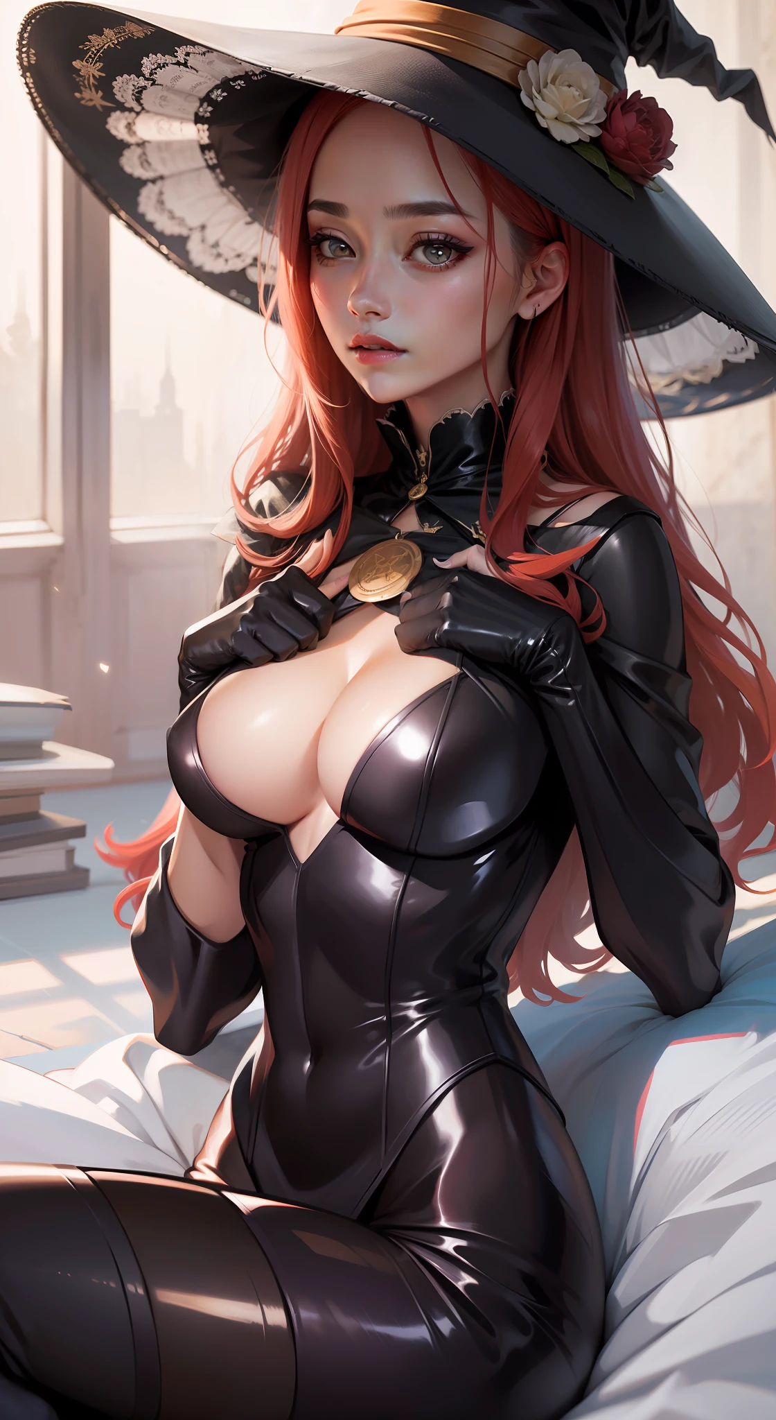 Long red hair、Magic Hat、the witch、Beautie、Black hat