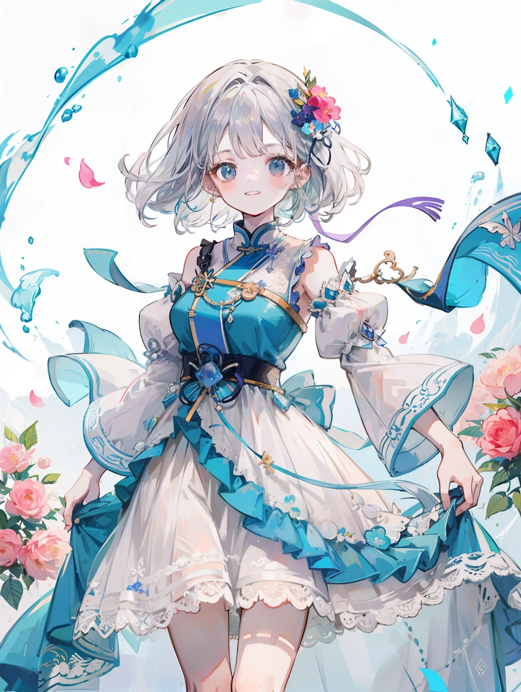 Anime Pictures。Beautiful shades of iridescent prism。A girl about 18 years old is smiling happily。Glossy silver bob hair。She is a beautiful sheer dress with embroidery。Turkish national costume style。Shoulder-length design。Hair and dress swaying in the wind。Composition with many colorful flowers designed。Extremely high quality、high picture quality、Maste Piece、Best-aesthetic