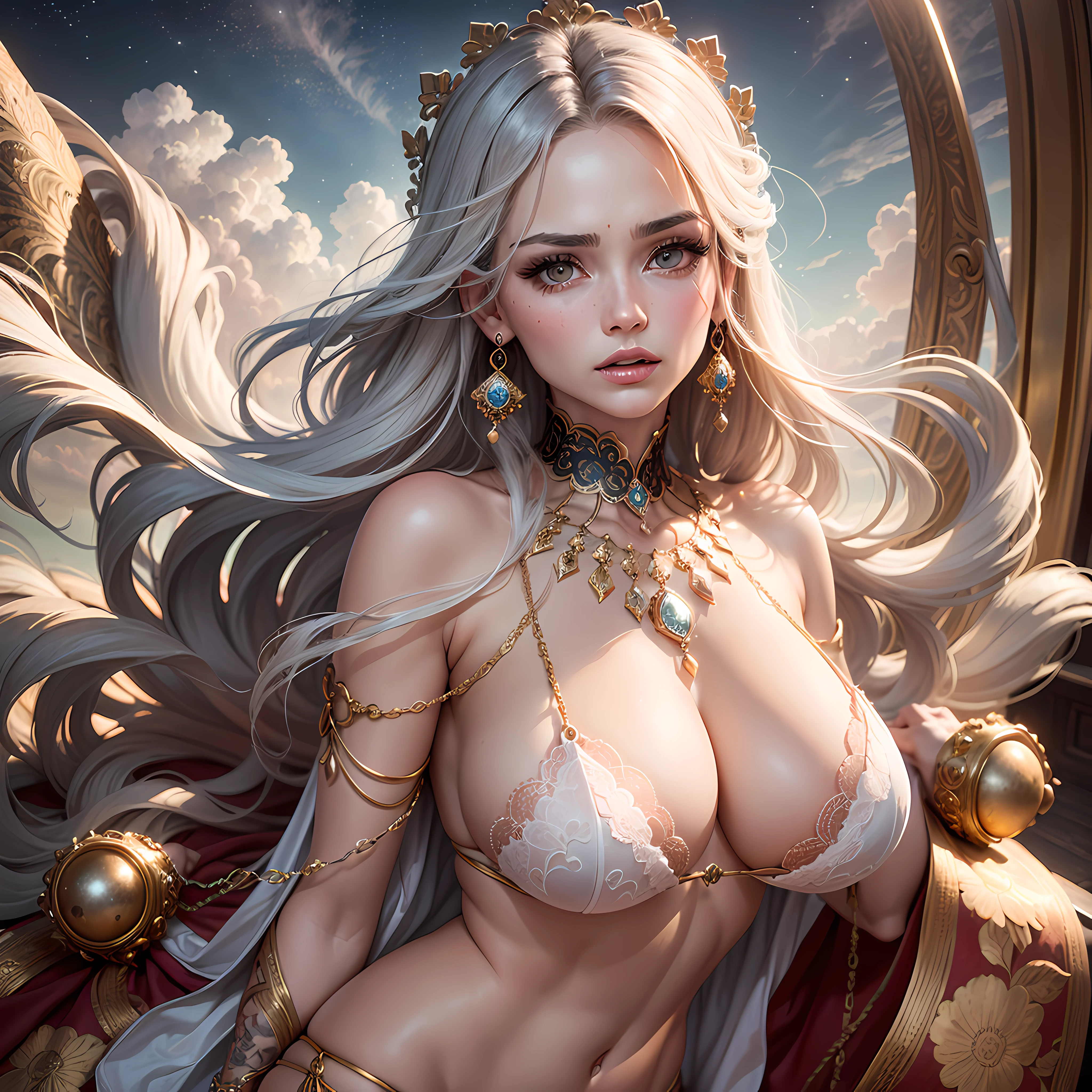 Fashion ultra beautiful girl, unparalleled masterpiece, ultra realistic 16k CG, perfect artwork, (detailed accessories),
(The sky is dreamy with colorful cloudscape in the evening):1.5,
(perfect female figure), mature female, narrow waist, looking at viewer, clean, beautiful face, pure face, pale skin, absurdly long golden hair, (F cup of large breasts, nsfw, breasts in, puffy, small, middle areolae), divine goddess, shiny skin, skin dentation, (rich:1.2), colorful eyes,
(Chinese Embroidery hollow cape by translucent lace, lace trim, lace-trimmed legwear, delicate pattern, intricate detail, prestige, gorgeous, (Jewelry chain to rope by Japanese bondage with diamond pattern and bracelet necklace):1.5,
The beauty landscape of the cosmic sea gradually entered our retinas, lift one perfect slim leg over head by herself at luxury roof balcony of old and intricate Imperial Palace by gorgeous Baroque style, Emotions - sexy and a bit of anger expression