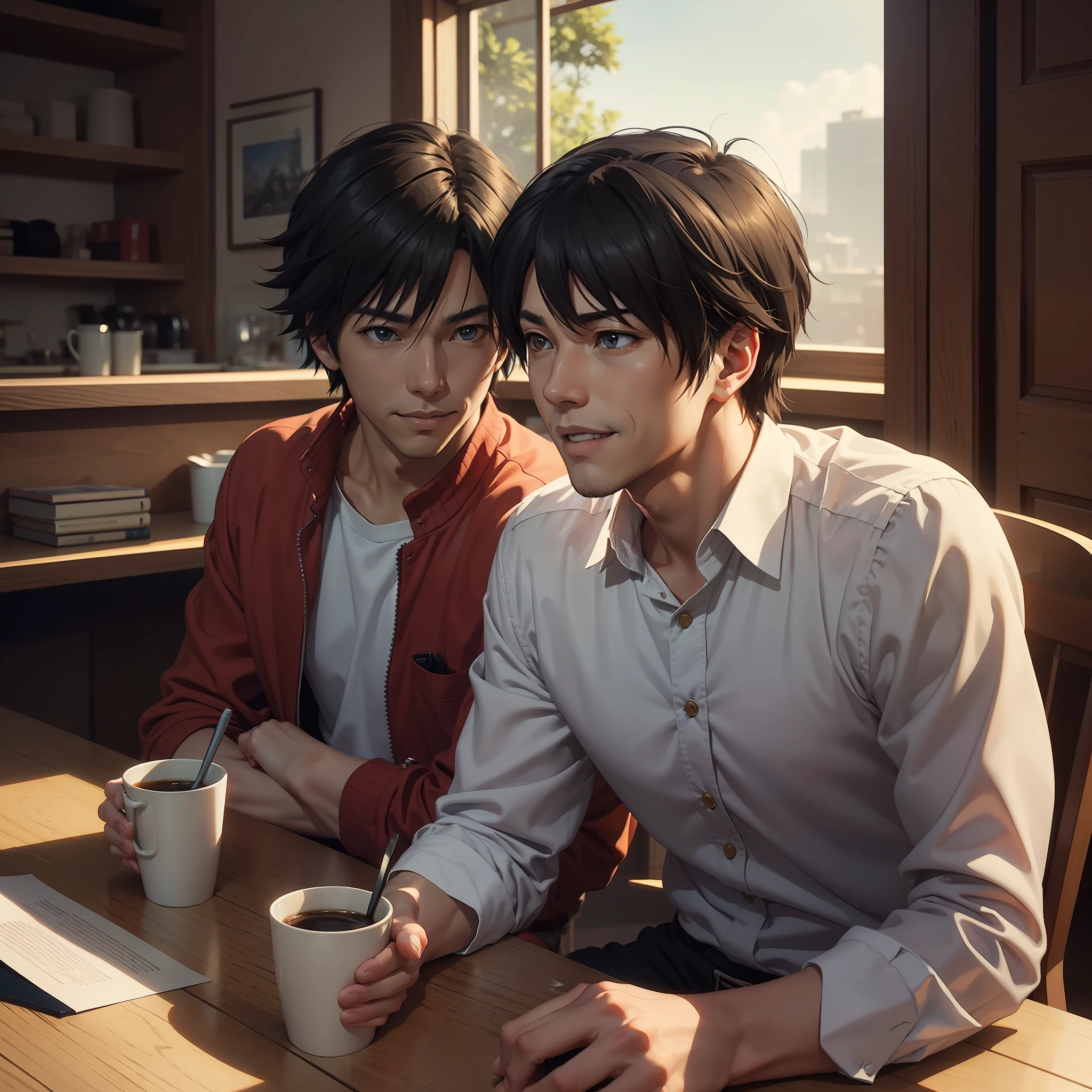 They are two parent and child men sitting at a table drinking coffee, Two anime handsome men, Old father, Dandy father, a smile, smile, realistic afternoon lighting, realistic art style, realistic soft lighting, yusuke murata and makoto shinkai, realistic anime 3 d style, medium shot of two characters, photorealistic art style, GameCG, makoto shinkai and (cain kuga) --auto