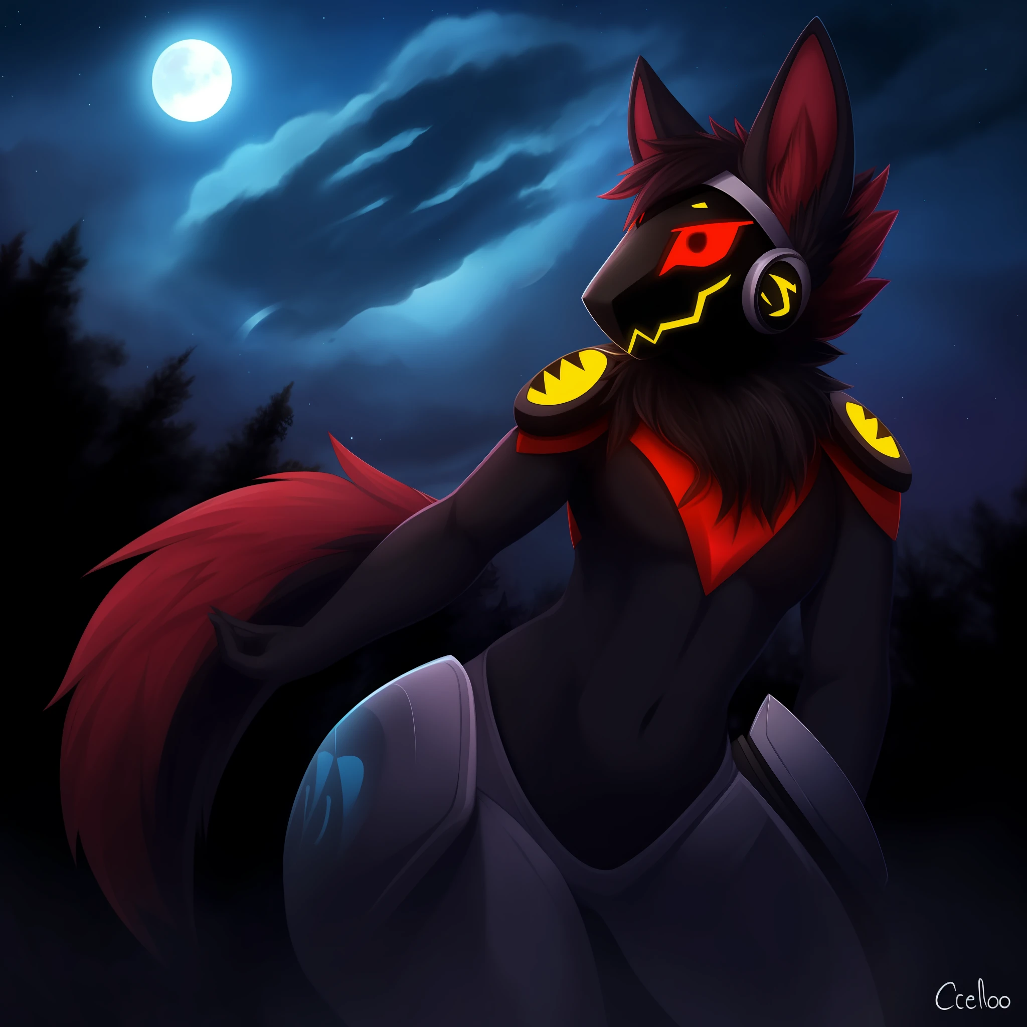 Protogen, pelaje negro y ojos rojos, pelaje suave, cuerpo detallado, pose de pelea ,cielo oscuro, estrellas, luna llena, anochecer