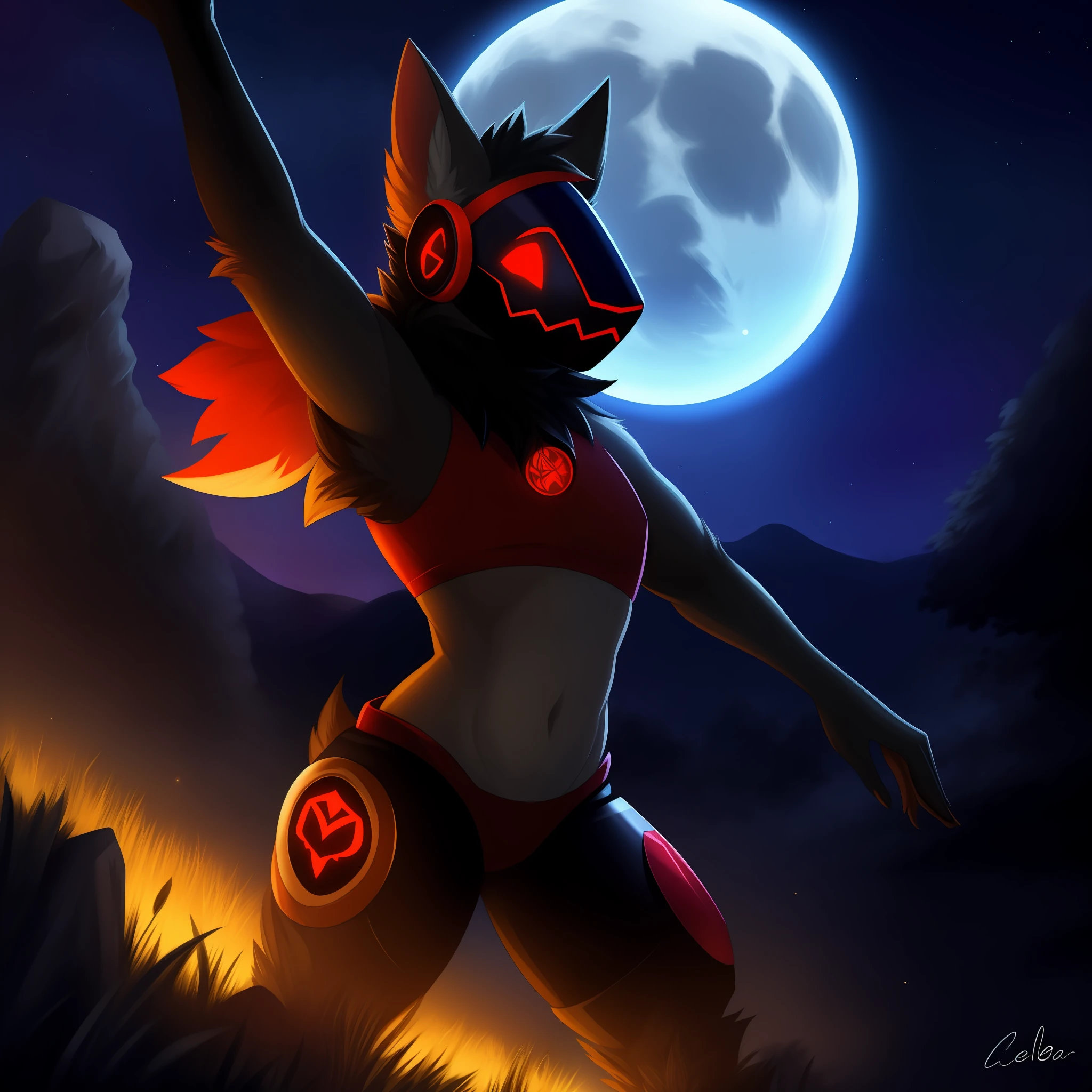 Protogen, pelaje negro y ojos rojos, pelaje suave, cuerpo detallado, pose de pelea ,cielo oscuro, estrellas, luna llena, anochecer