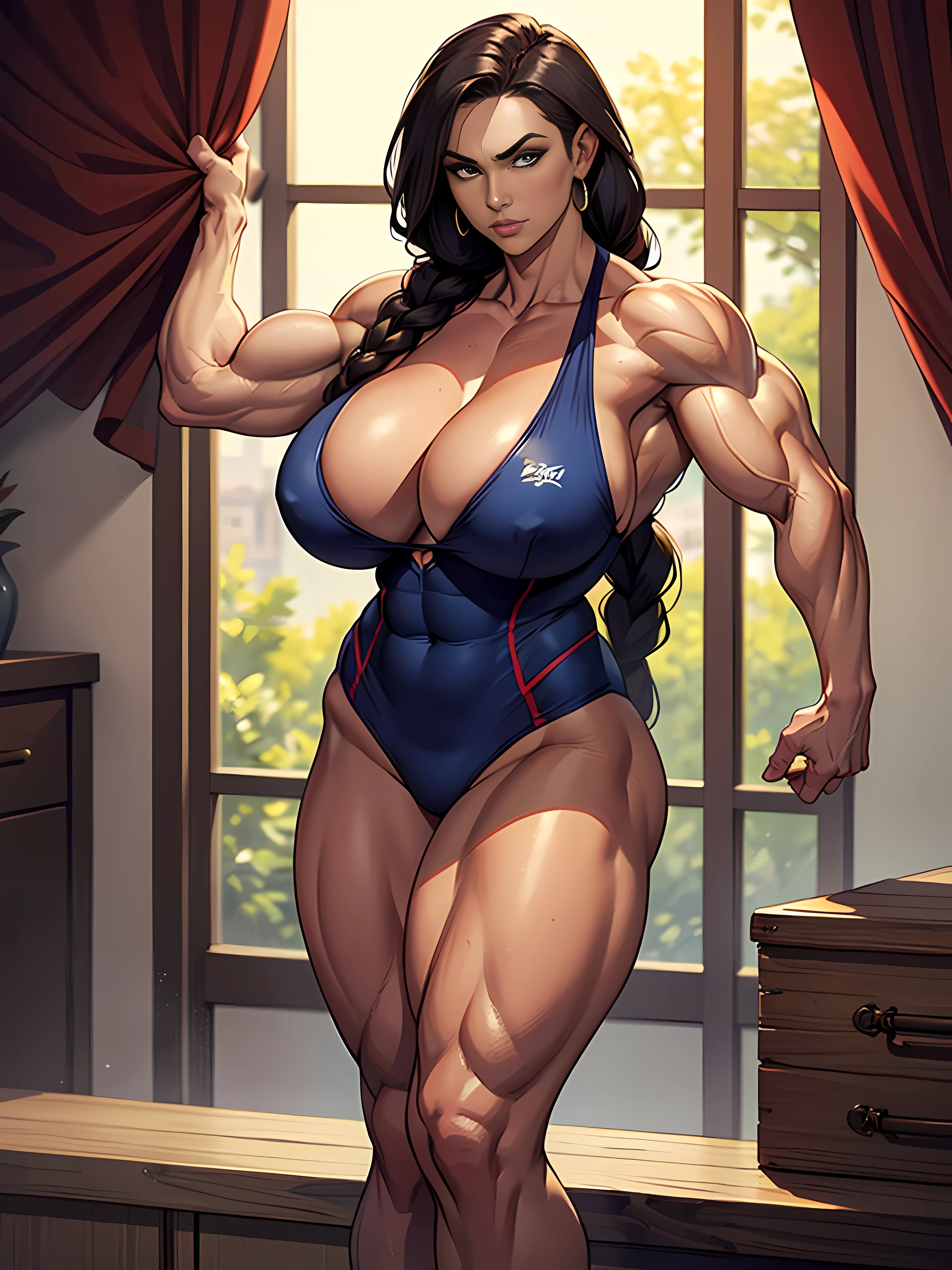 (masterpiece: 3.5), (best quality: 3.5), (perfect face: 3), 1girl, solo woman, young woman, full body centered using 6/7 of width image, giant swollen , Arafed beautiful very big female bodybuilder with long legs in very little clothes and very big bred skin, long legs, (perfect body: 3), braids, muscular warrior woman, ultrafull breasts, ultraviolcular woman, muscular girl, very feminine and muscular, muscular with huge pectorals, bigger breasts, muscular, femaleilder, muscular druid, very beautiful big pectoral muscles, very strong woman, extreme muscles, massive breasts, bigger breasts, musculaeautiful, strongscular, flexed muscles with veins, (big breasts: 4), perfect lighting, big blue ey veins, swollen muscles, very swollen breasts,